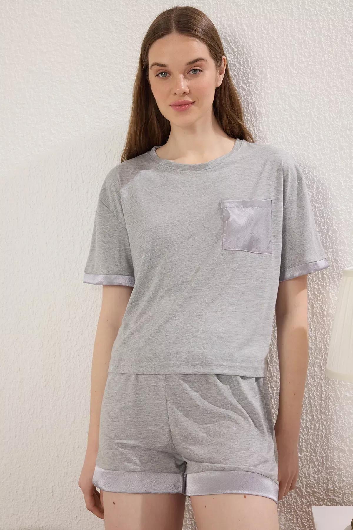 Grey Pocket Satin Cuffed Pajama Set, , large image number 1