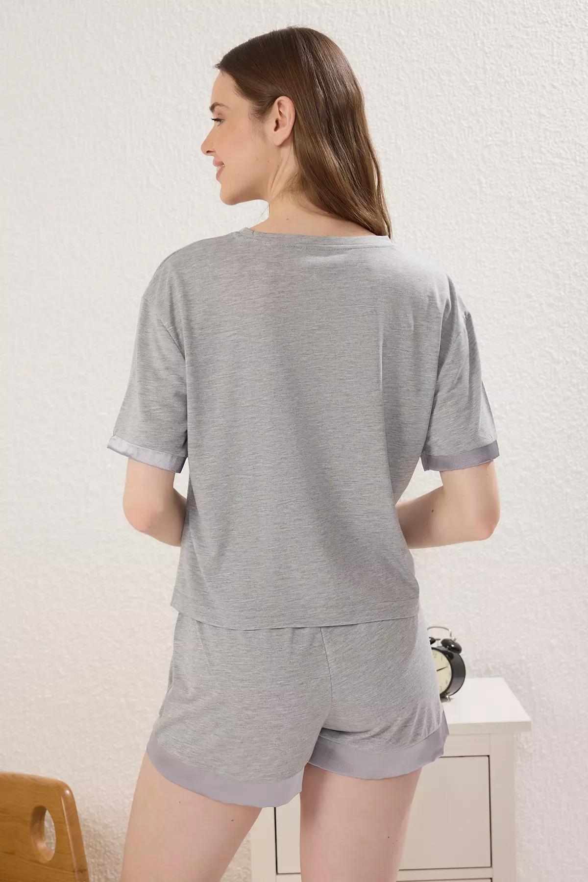 Grey Pocket Satin Cuffed Pajama Set, , large image number 3