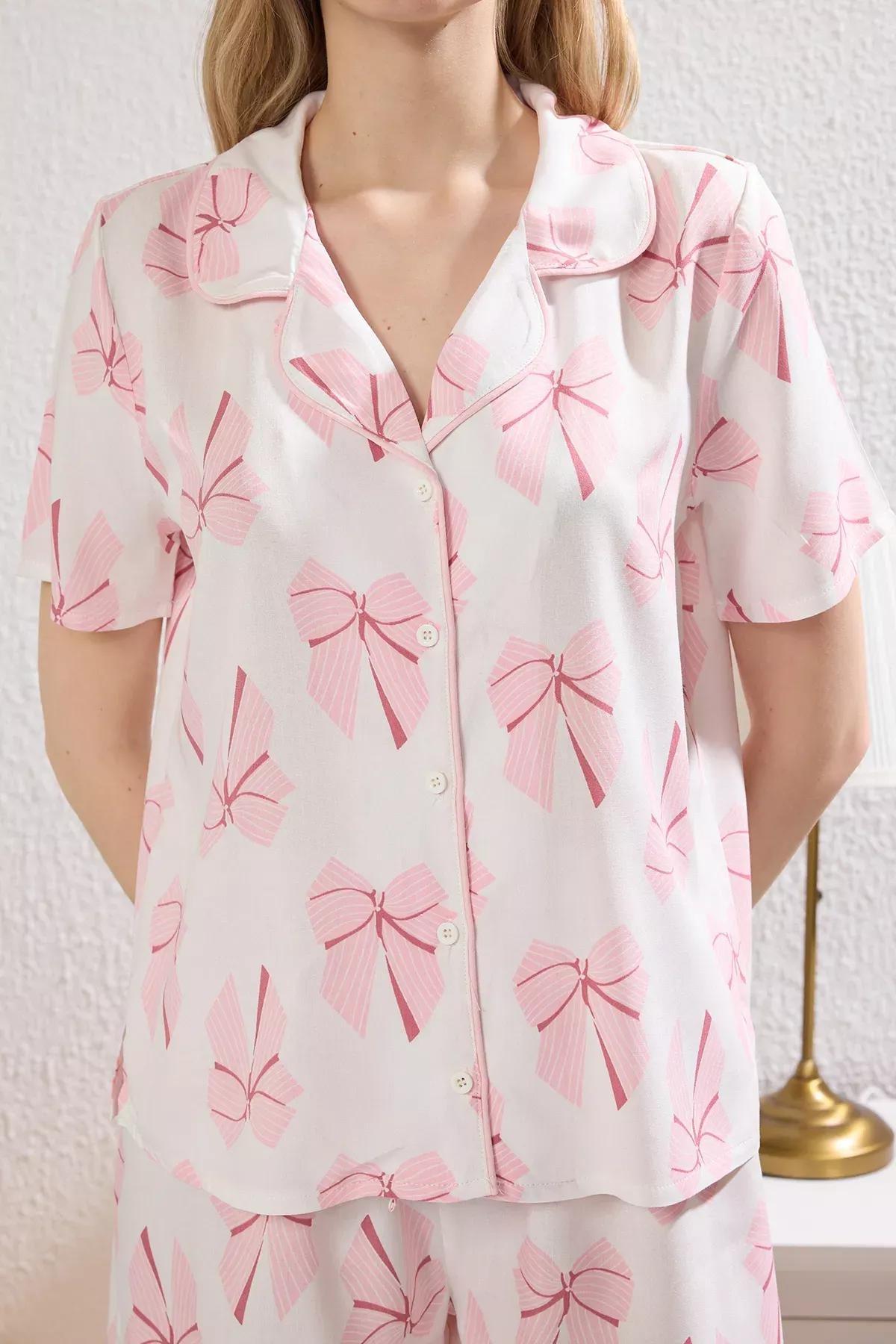 Pink Woven Pajama Set with Ribbon Bag, Ecru-Pink, medium