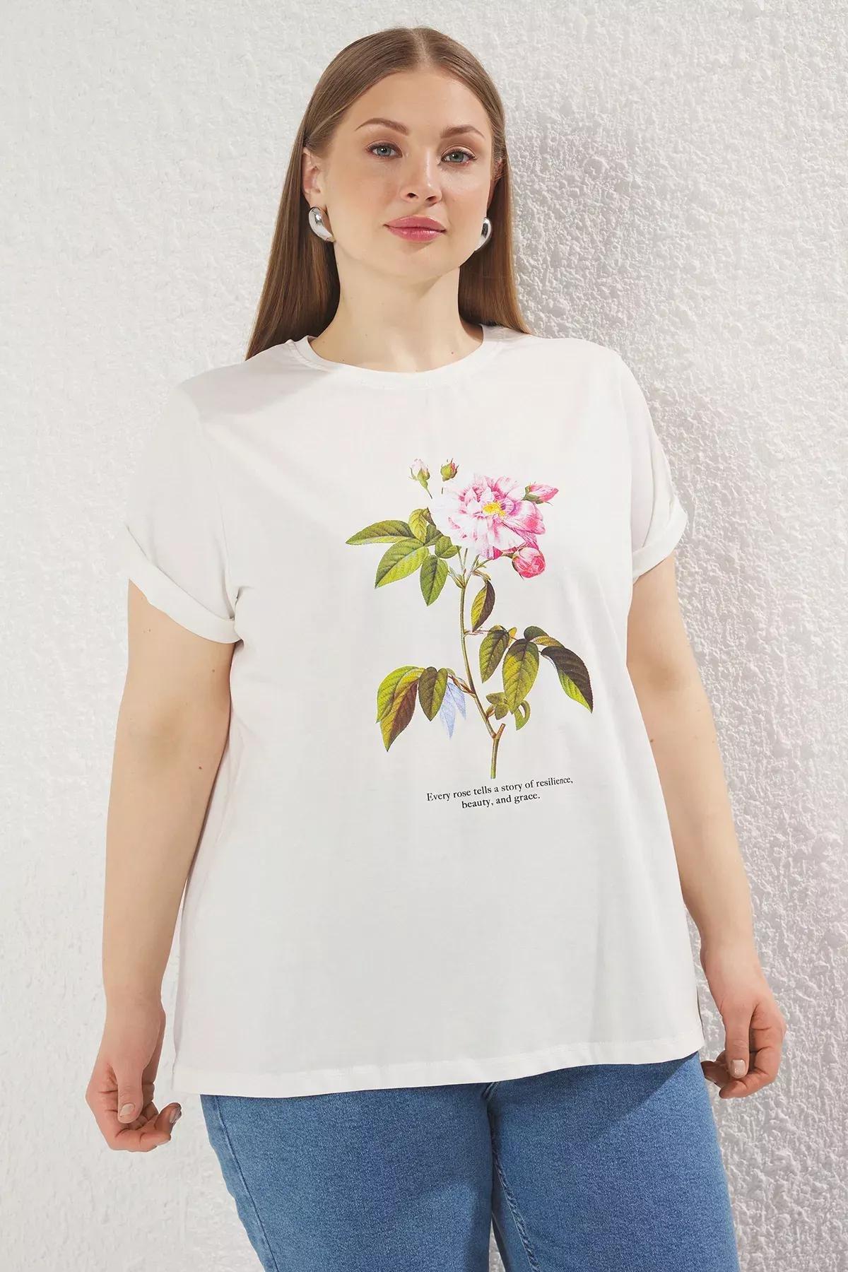 Beige Crew Neck Floral Print T-shirt, Ecru, large image number 0