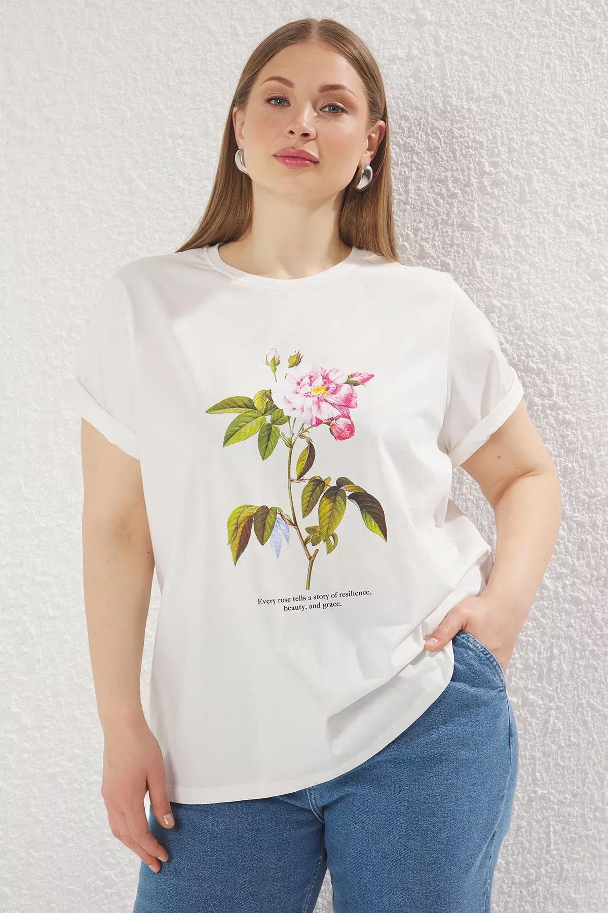Beige Crew Neck Floral Print T-shirt, Ecru, large image number 1