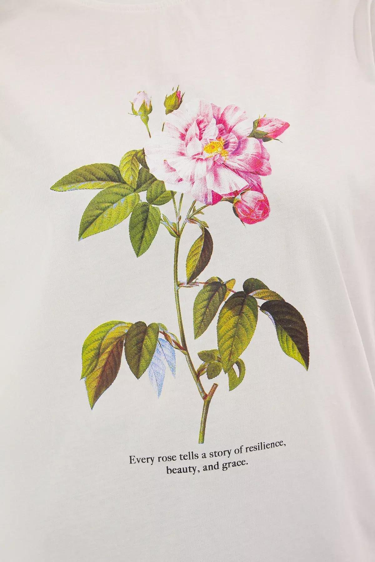 Beige Crew Neck Floral Print T-shirt, Ecru, large image number 2