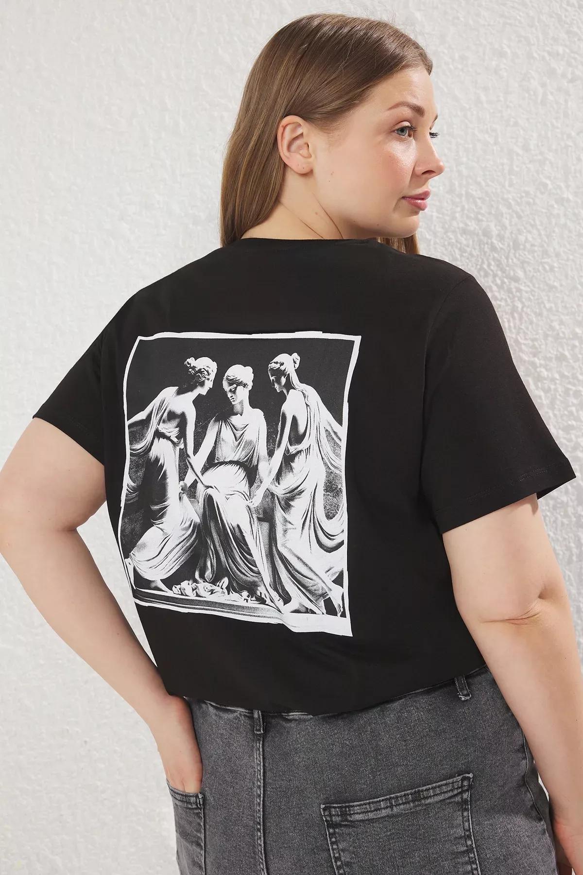 Black Crew Neck Printed Plus-Size T-Shirt, , large image number 0