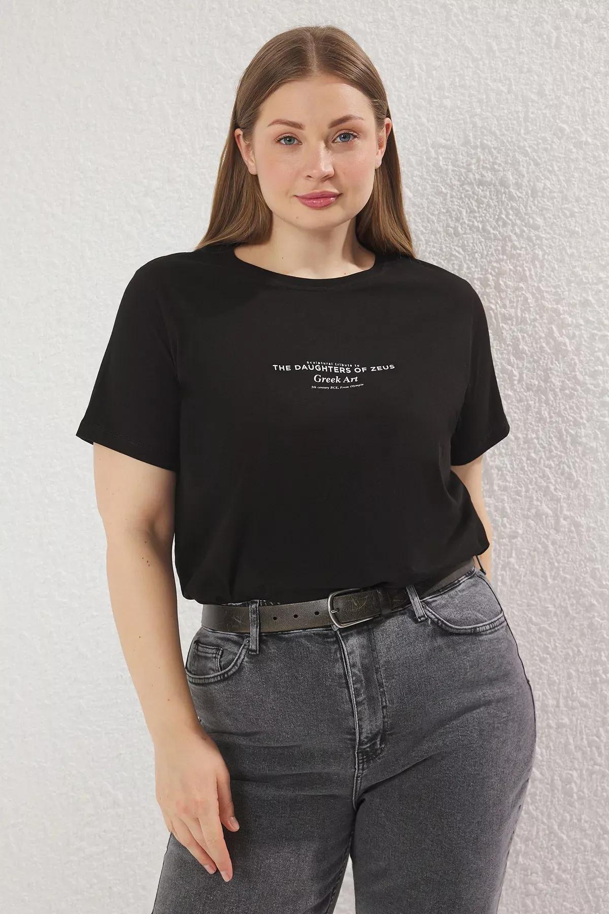 Black Crew Neck Printed Plus-Size T-Shirt, , large image number 1