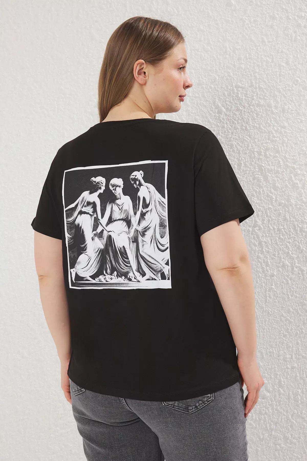 Black Crew Neck Printed Plus-Size T-Shirt, , large image number 3