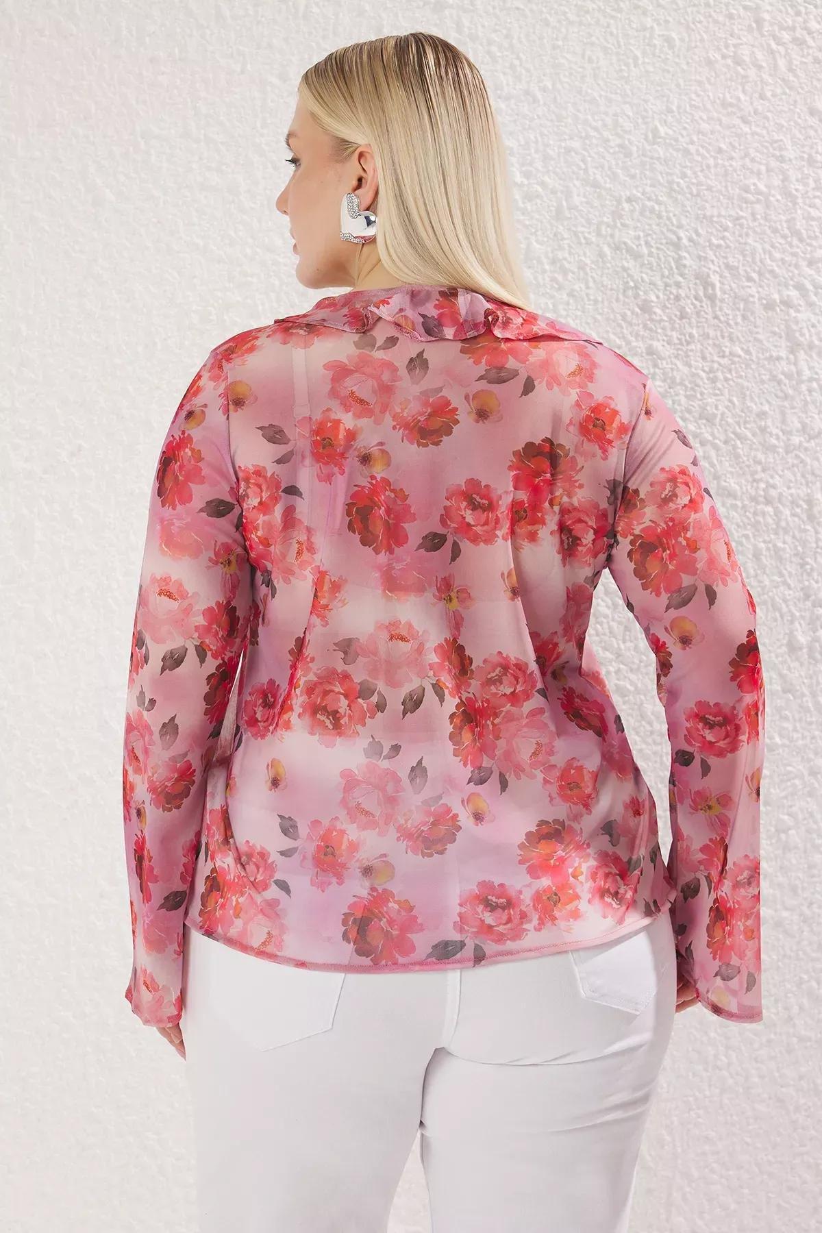 Pink Floral Tulle Blouse, Pink, large image number 3