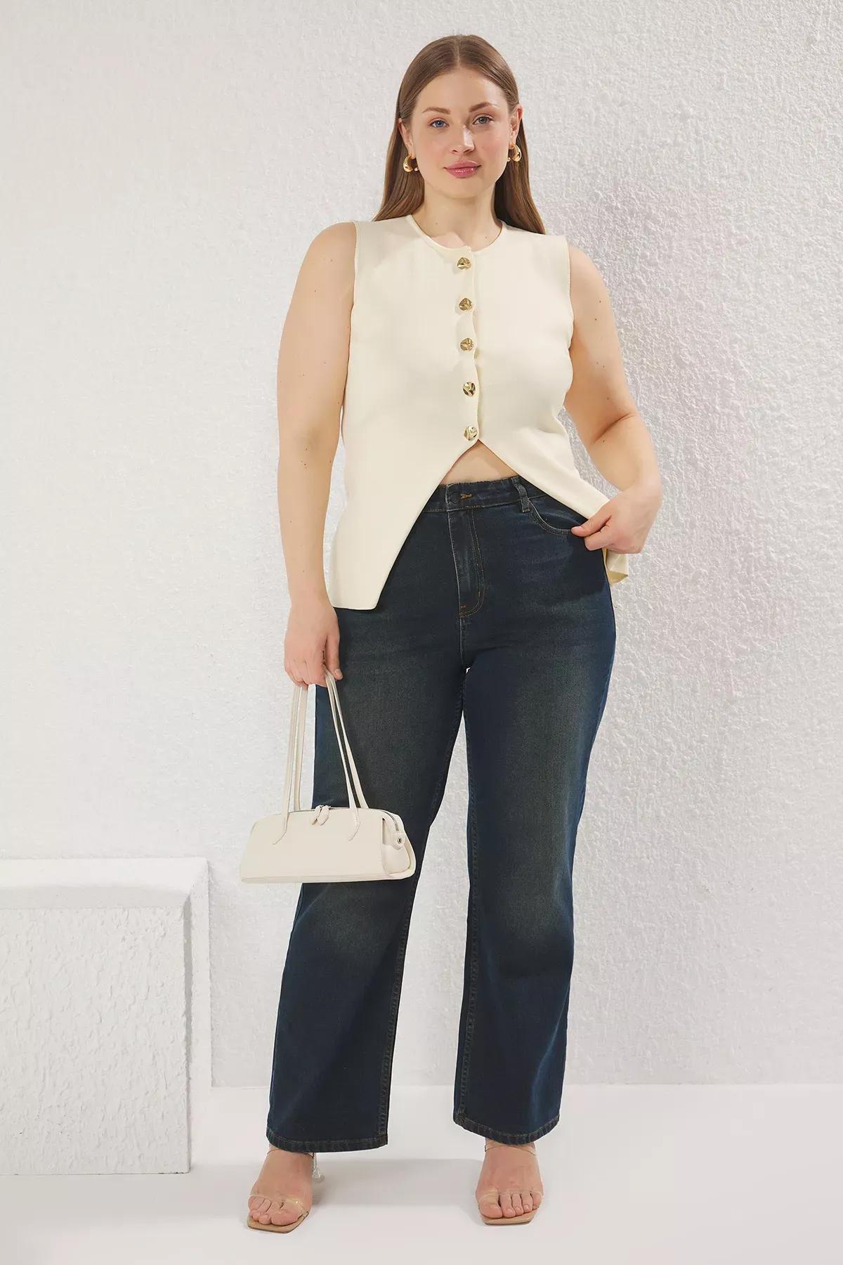 Navy High Waist Wide Leg Plus-Size Jeans, Navy blue, large image number 0