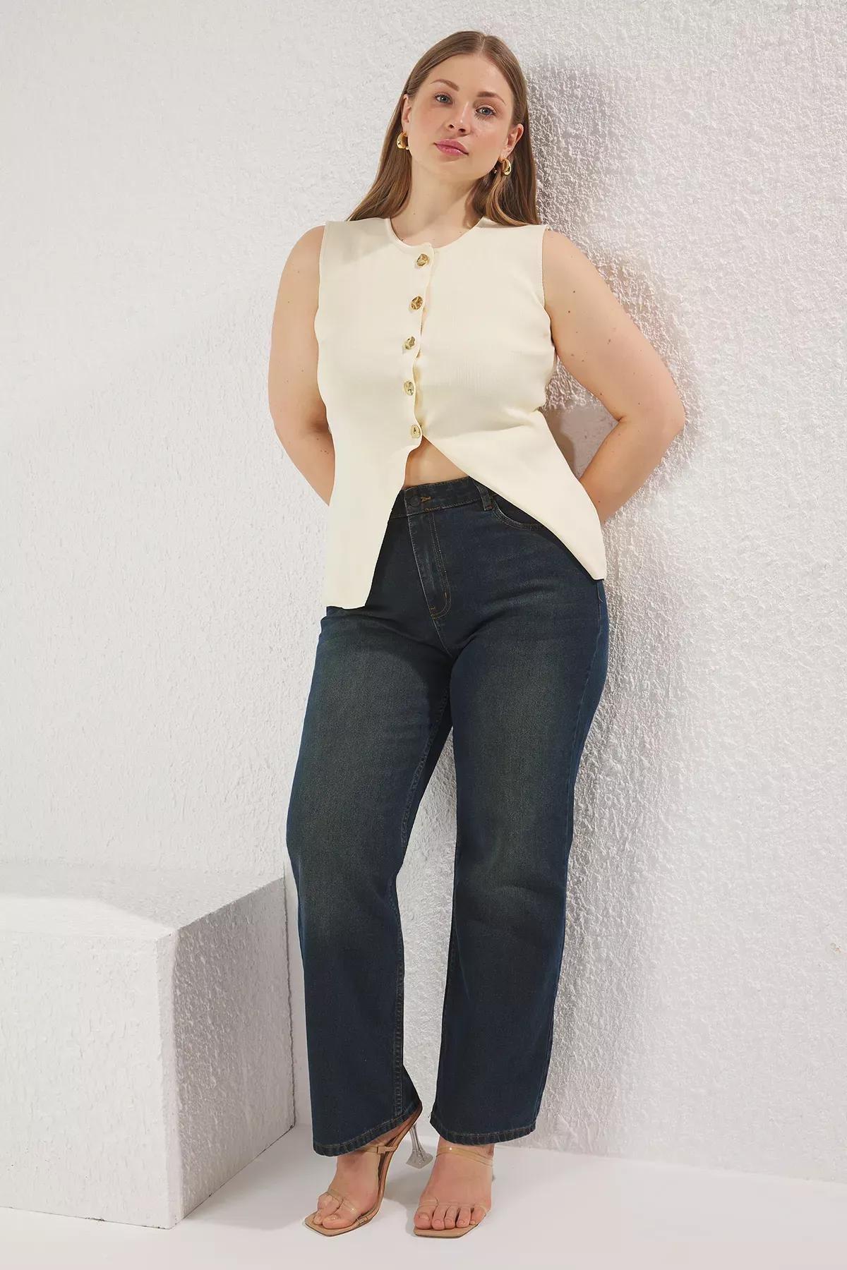 Navy High Waist Wide Leg Plus-Size Jeans, Navy blue, large image number 1