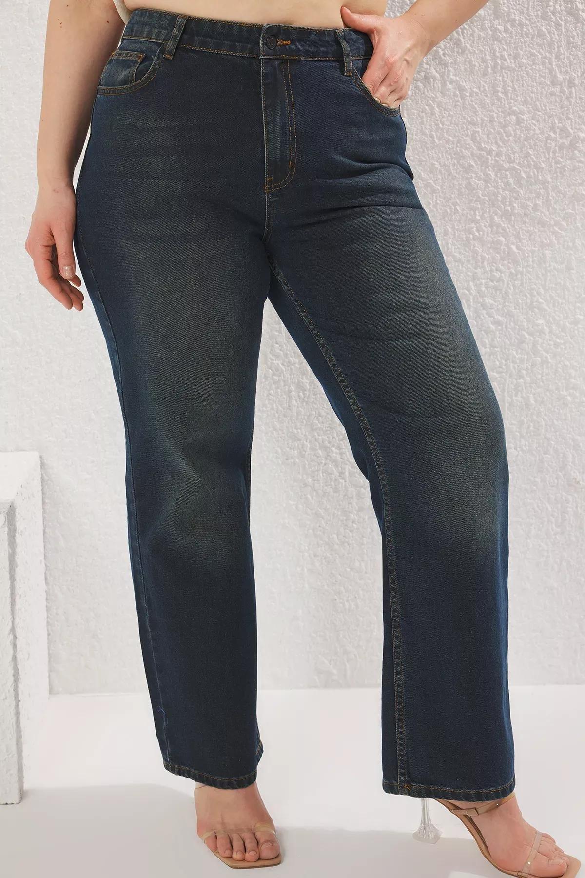 Navy High Waist Wide Leg Plus-Size Jeans, Navy blue, large image number 2