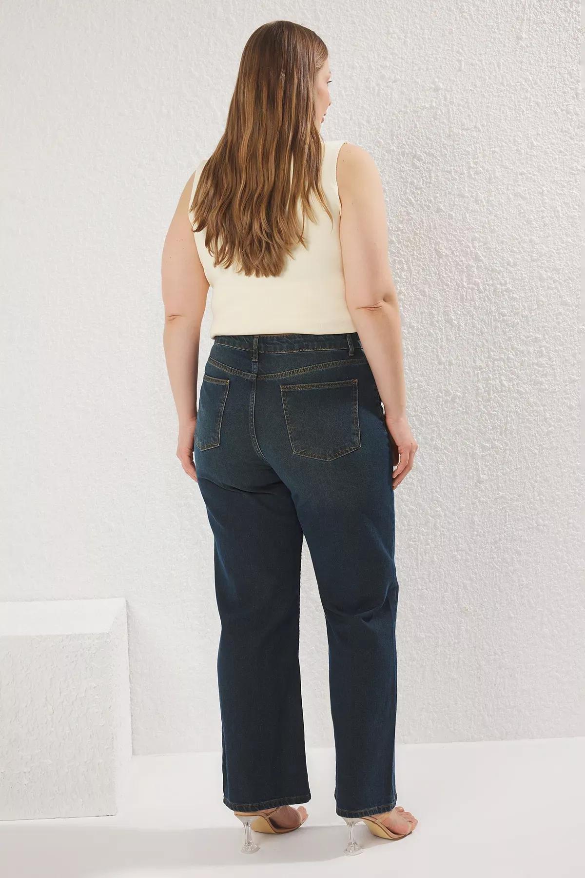 Navy High Waist Wide Leg Plus-Size Jeans, Navy blue, large image number 3
