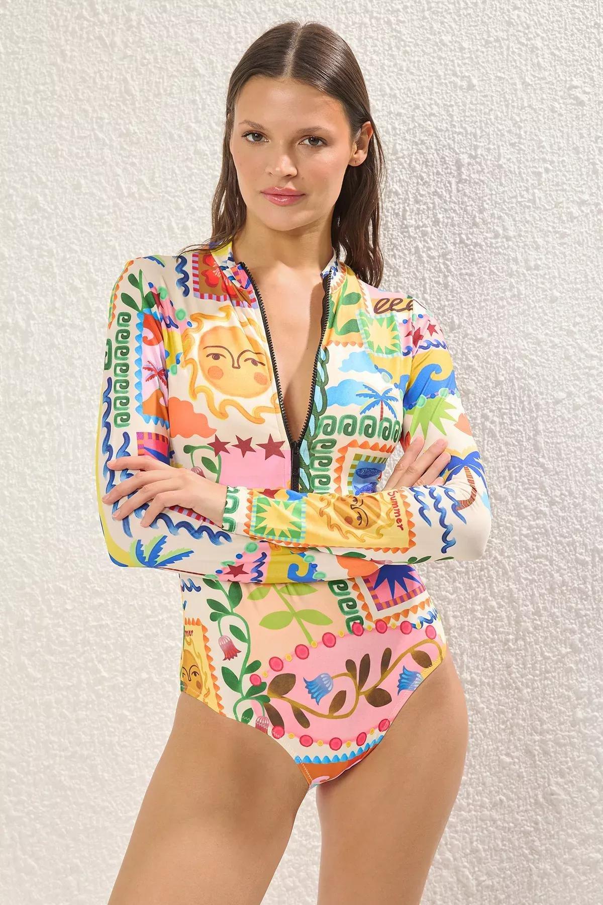 Multicolour Patterned Surfer Zipper Swimsuit, Very colorful, large image number 1