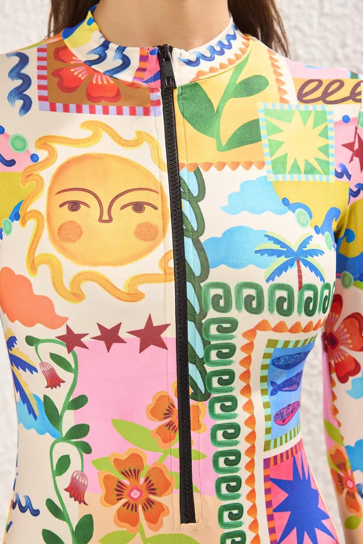 Multicolour Patterned Surfer Zipper Swimsuit, Very colorful, large image number 2