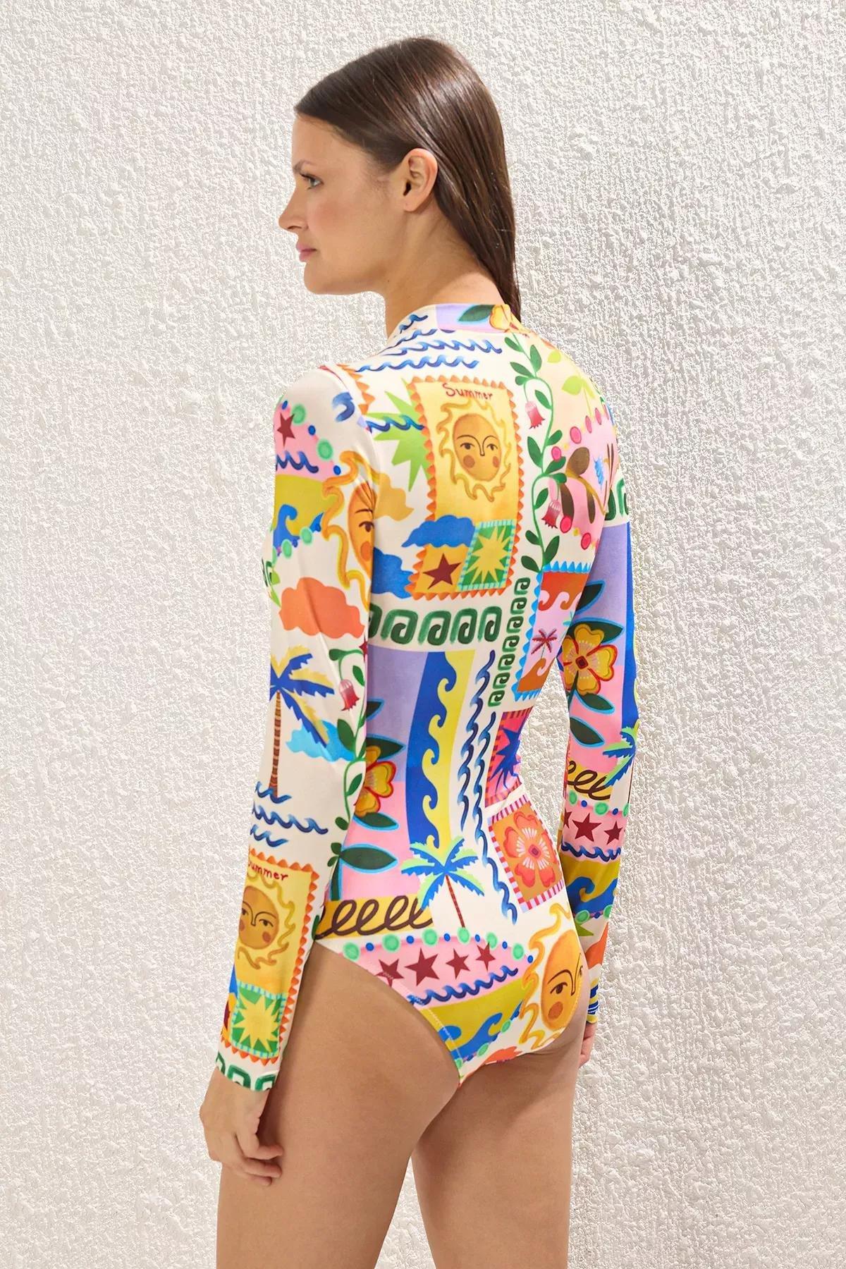Multicolour Patterned Surfer Zipper Swimsuit, Very colorful, large image number 3