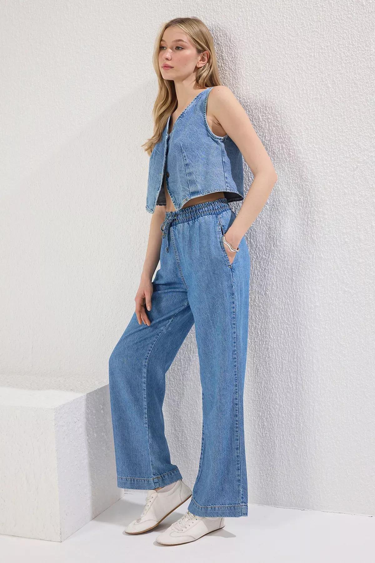 Blue Elastic Waist Wide Jeans, Blue, large image number 0