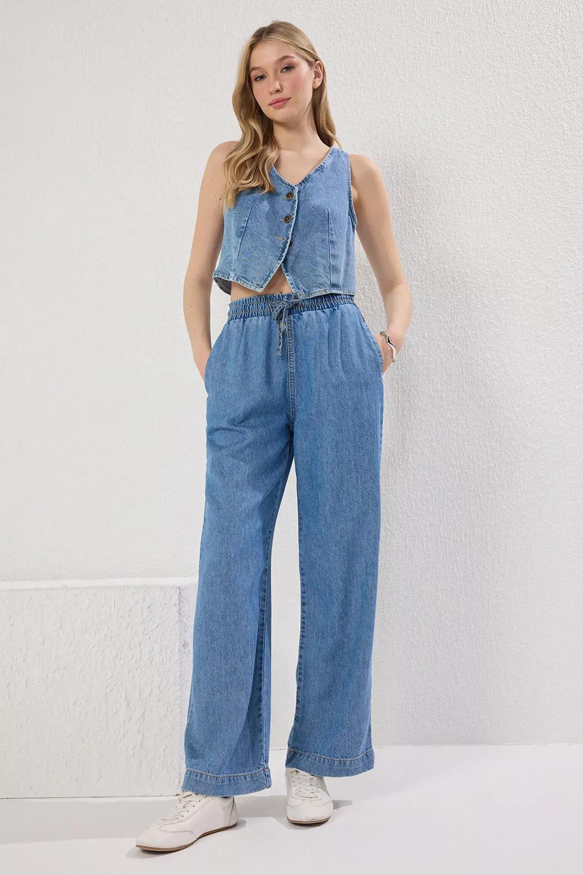 Blue Elastic Waist Wide Jeans, , large image number 1