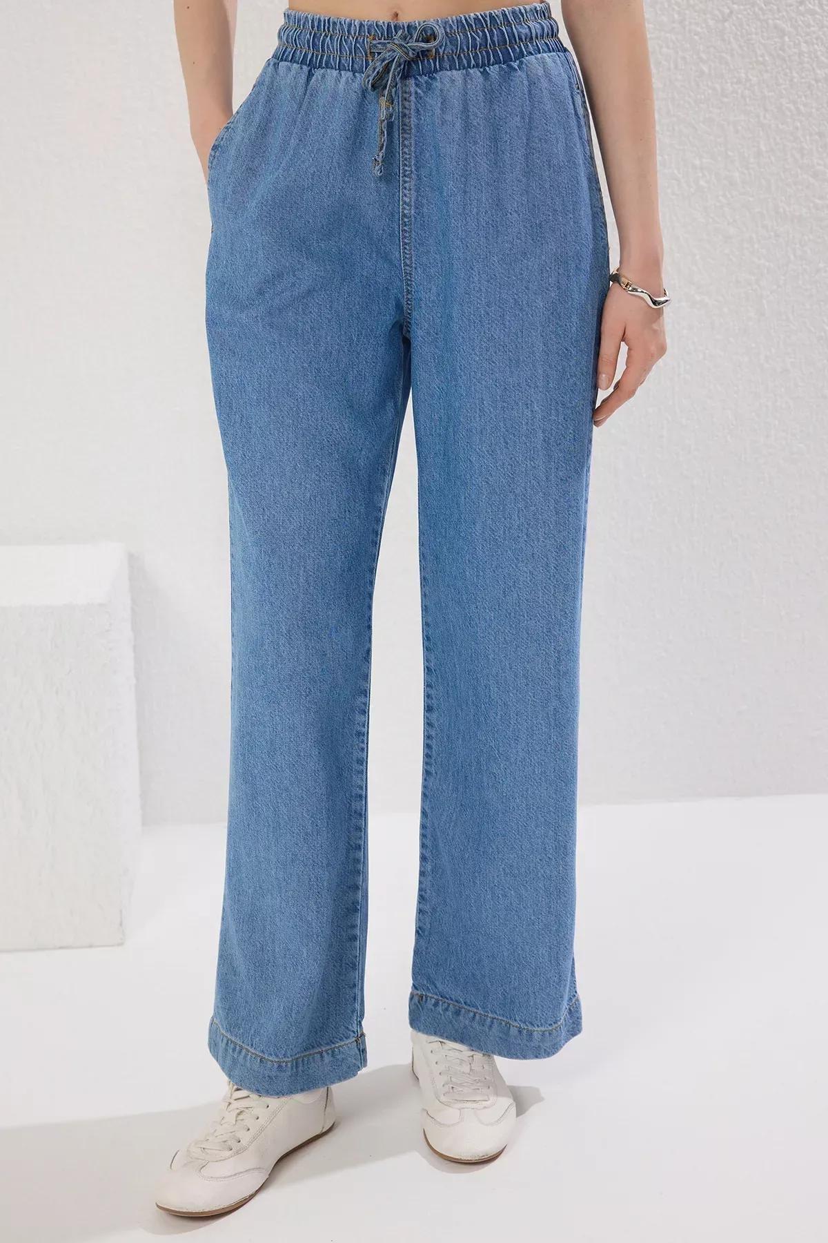 Blue Elastic Waist Wide Jeans, , large image number 2