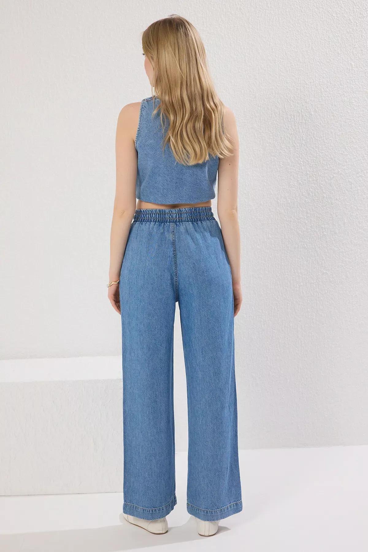 Blue Elastic Waist Wide Jeans, , large image number 4
