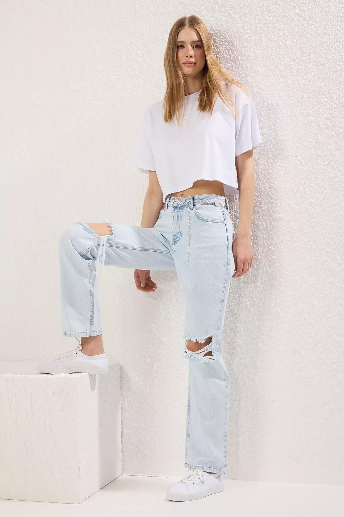 Blue Torn Wide Leg Jeans, LIGHT BLUE, large image number 1