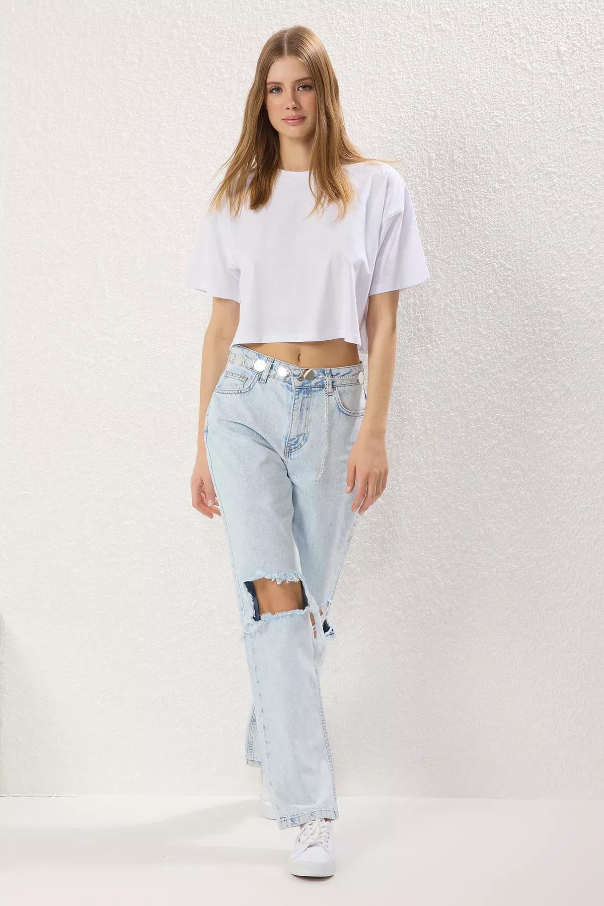 Blue Torn Wide Leg Jeans, LIGHT BLUE, large image number 2