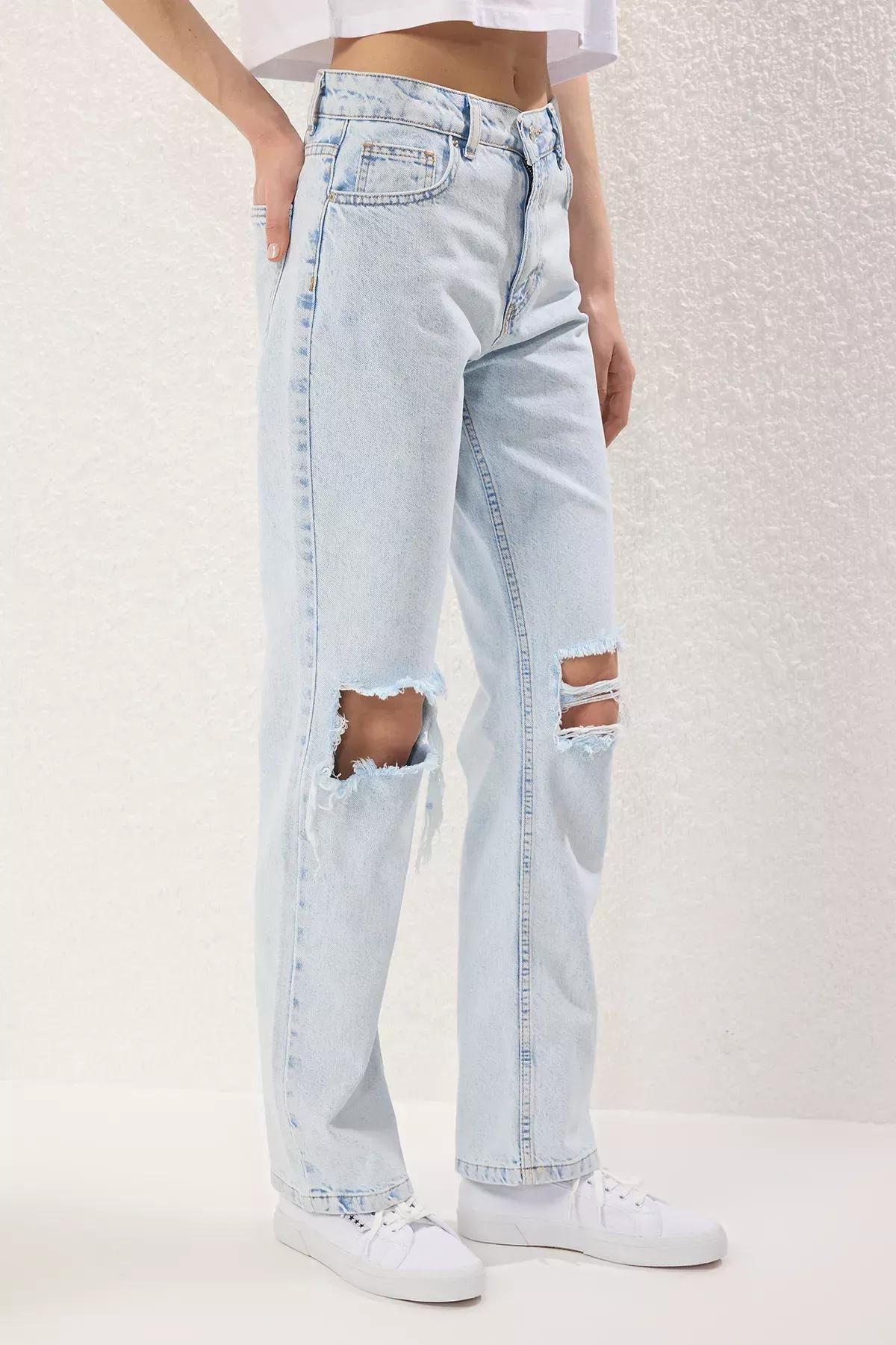 Blue Torn Wide Leg Jeans, LIGHT BLUE, large image number 3