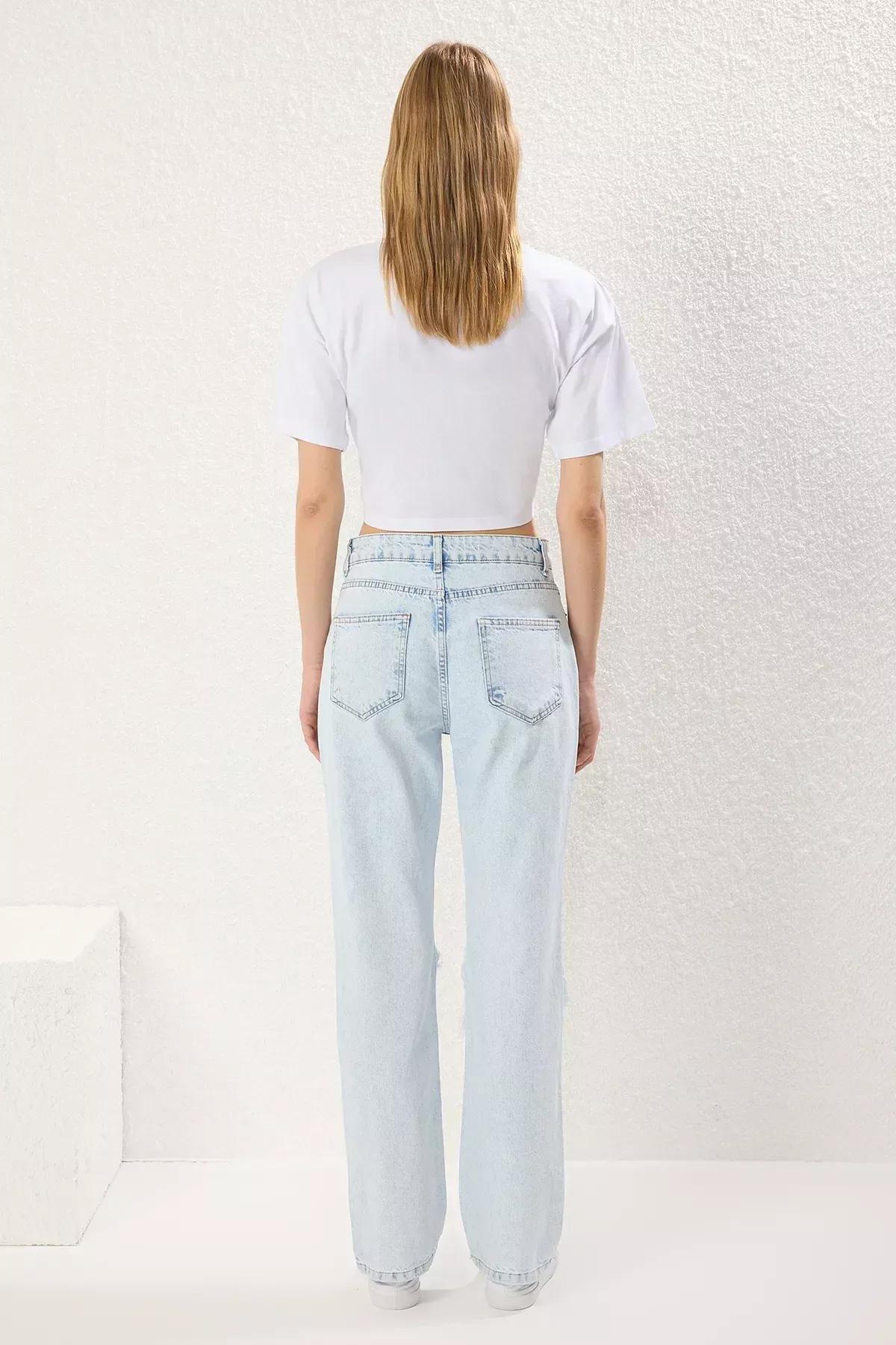 Blue Torn Wide Leg Jeans, LIGHT BLUE, large image number 4