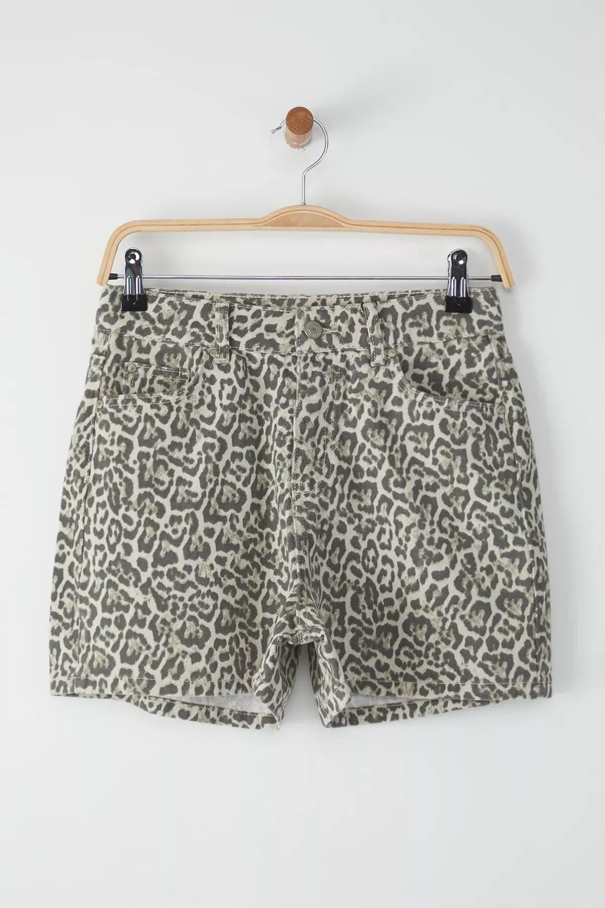 Grey Leopard Denim Shorts, , large image number 0