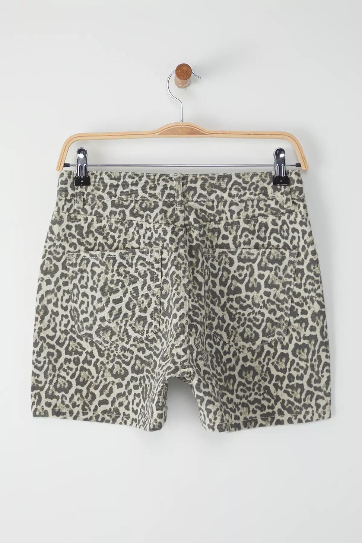 Grey Leopard Denim Shorts, , large image number 1