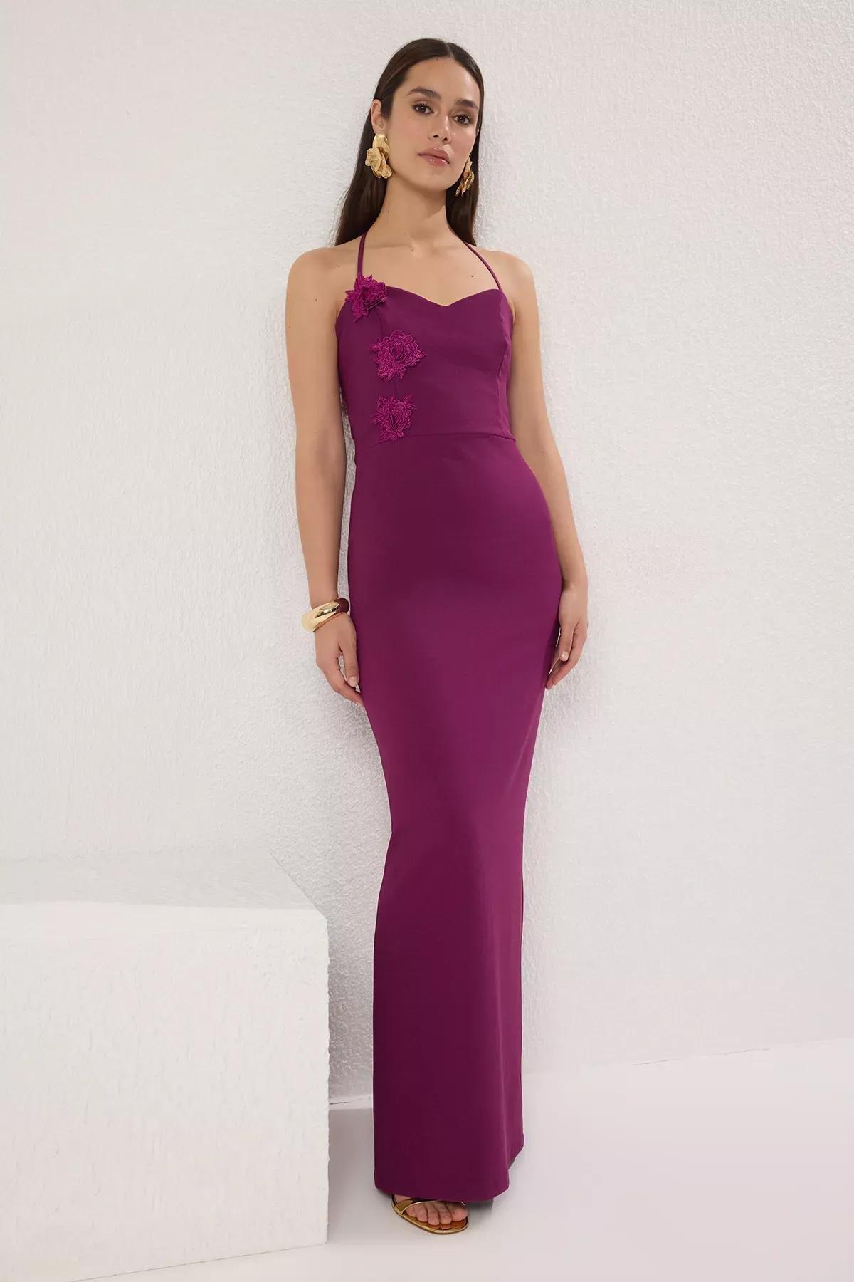 Black Rose Detail Occasionwear Dress, Plum, large image number 0