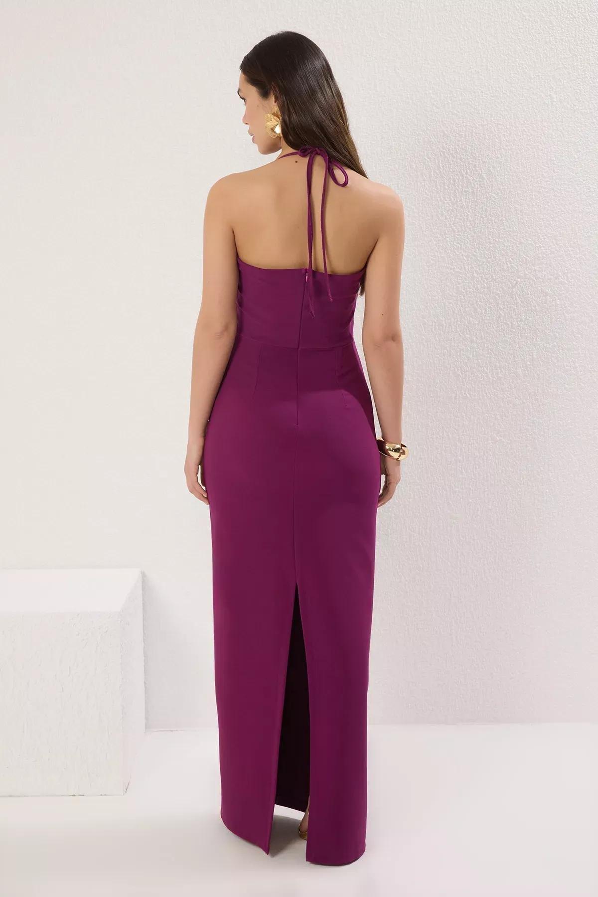 Black Rose Detail Occasionwear Dress, Plum, large image number 3