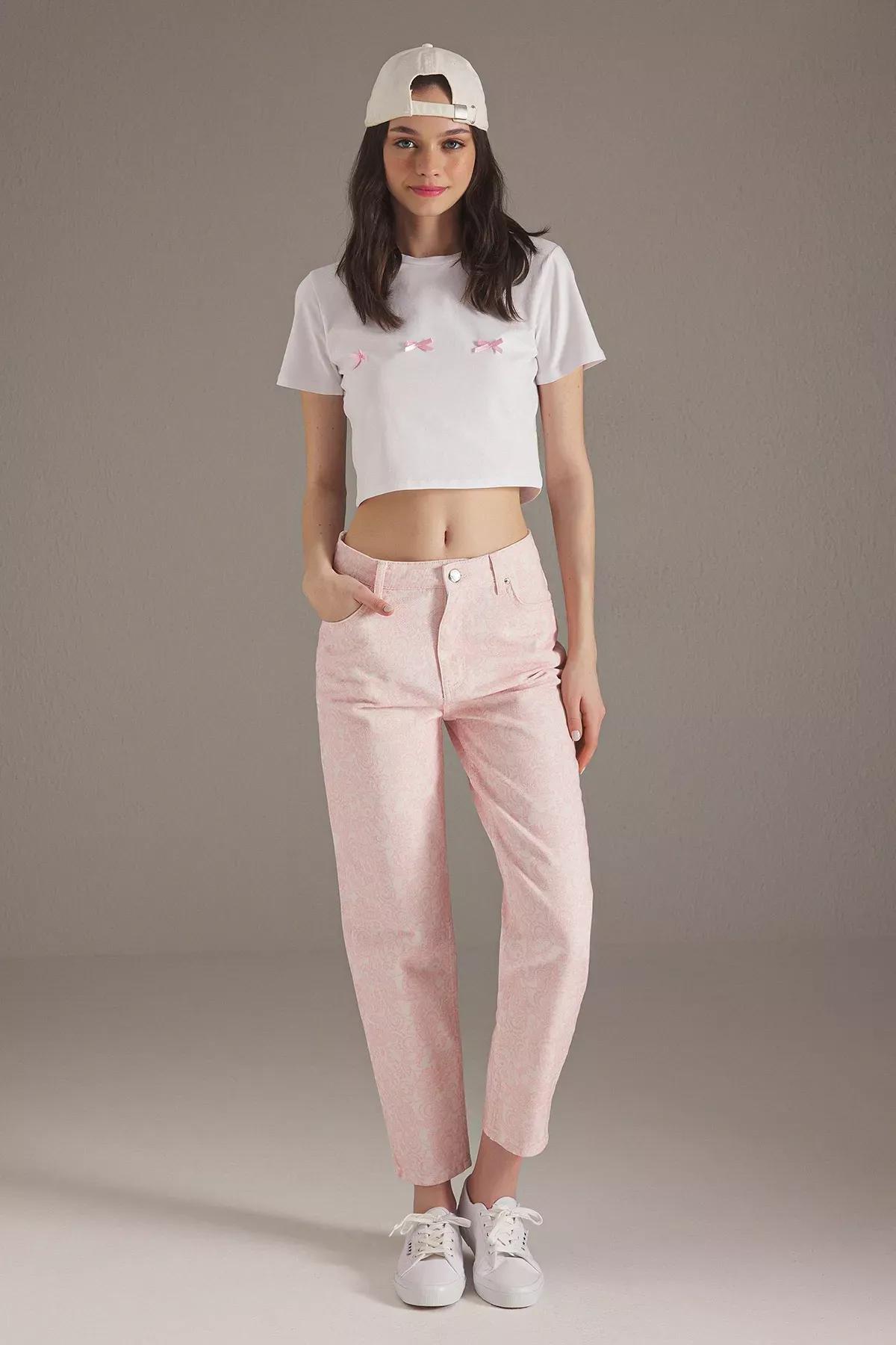 Pink Striped Mom Fit Jeans, Pink, medium