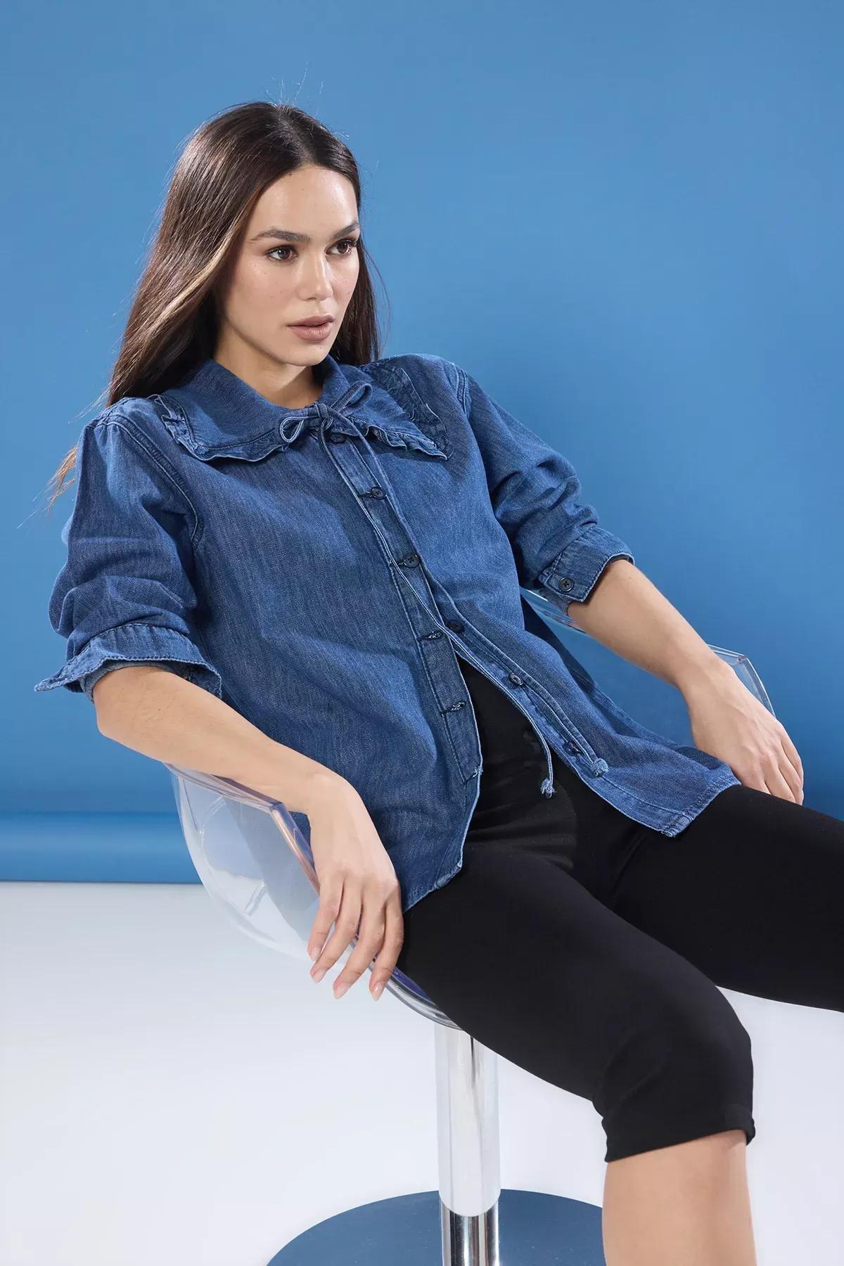Blue Bow Detail Denim Shirt, , large image number 0