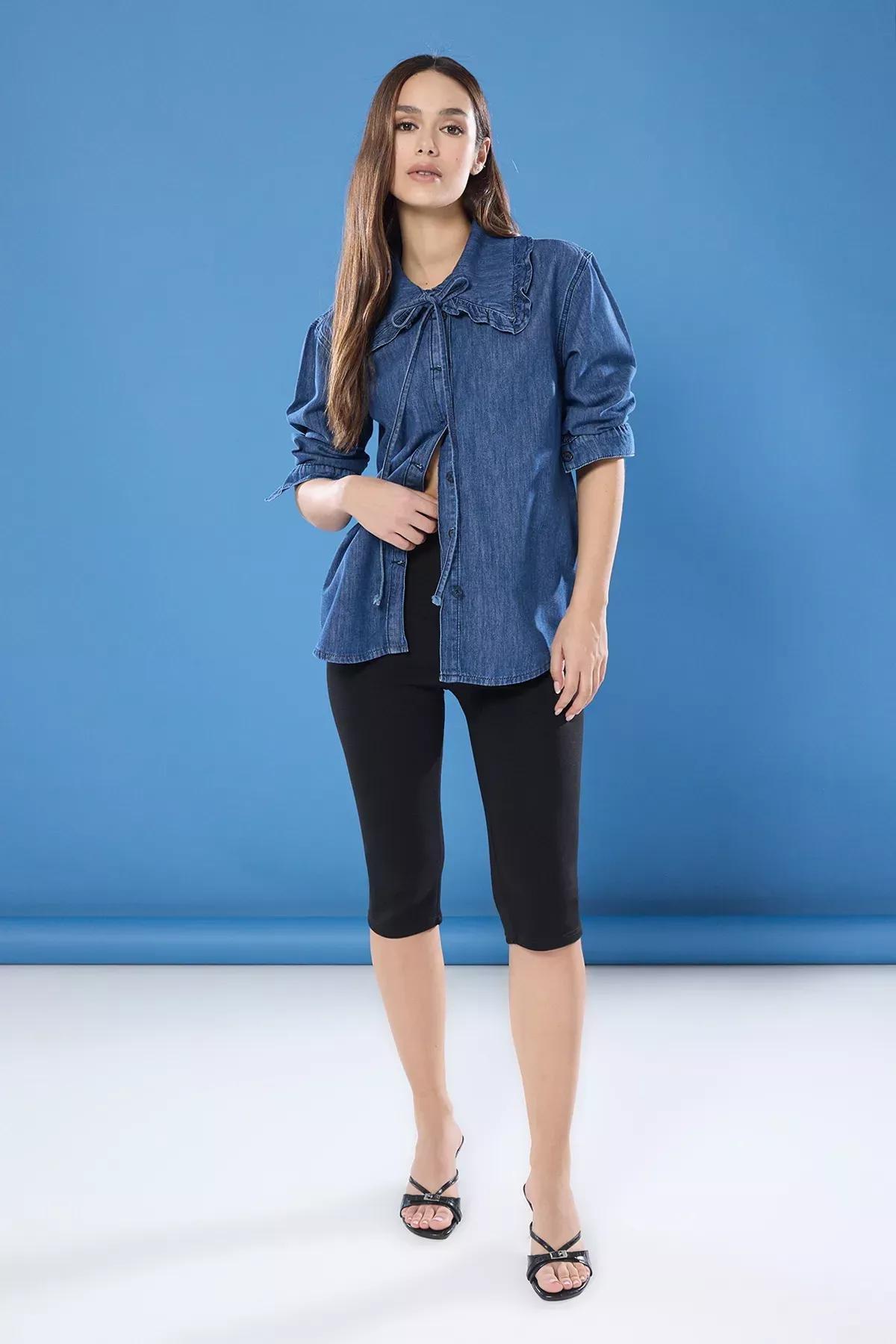 Blue Bow Detail Denim Shirt, , large image number 1