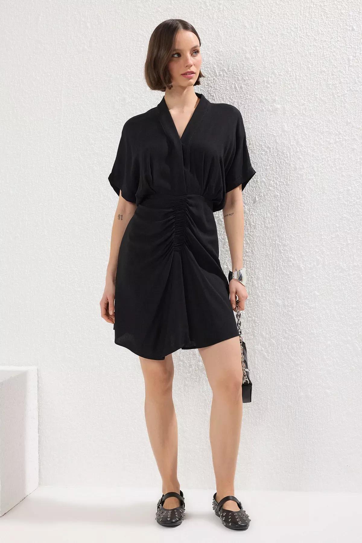 Black Ruched Kimono Mini Dress, , large image number 0