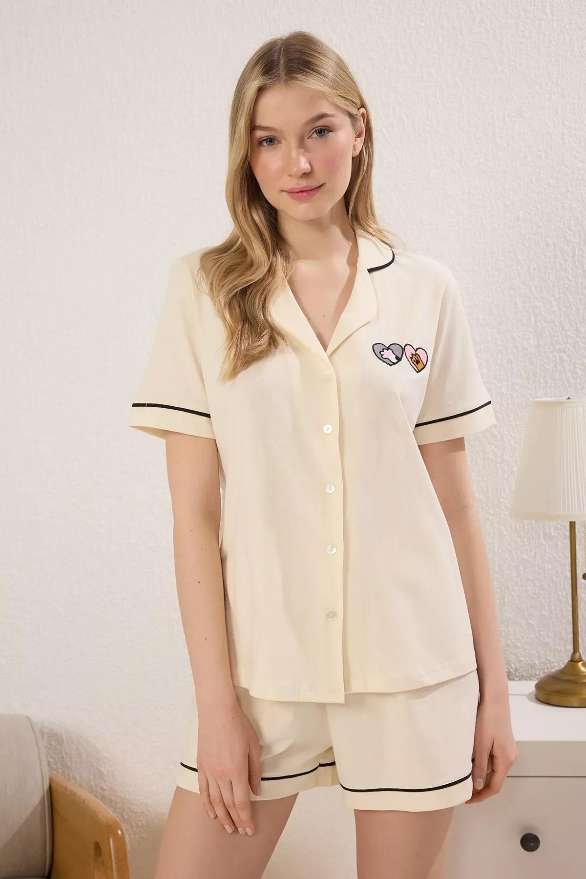 Beige Heart Paw Embroidered Shorts Pajama Set, Ecru, large image number 1