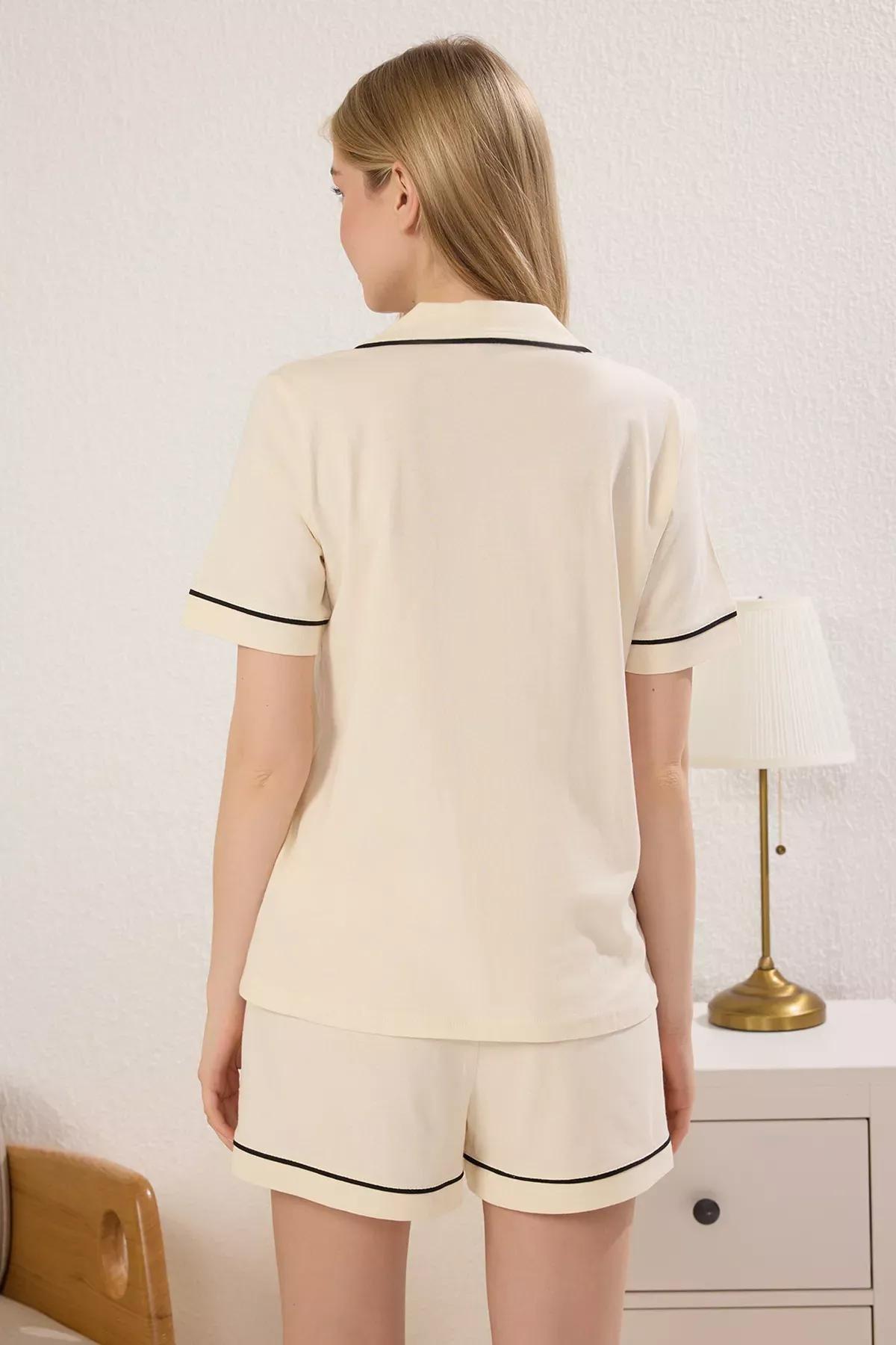 Beige Heart Paw Embroidered Shorts Pajama Set, Ecru, large image number 3