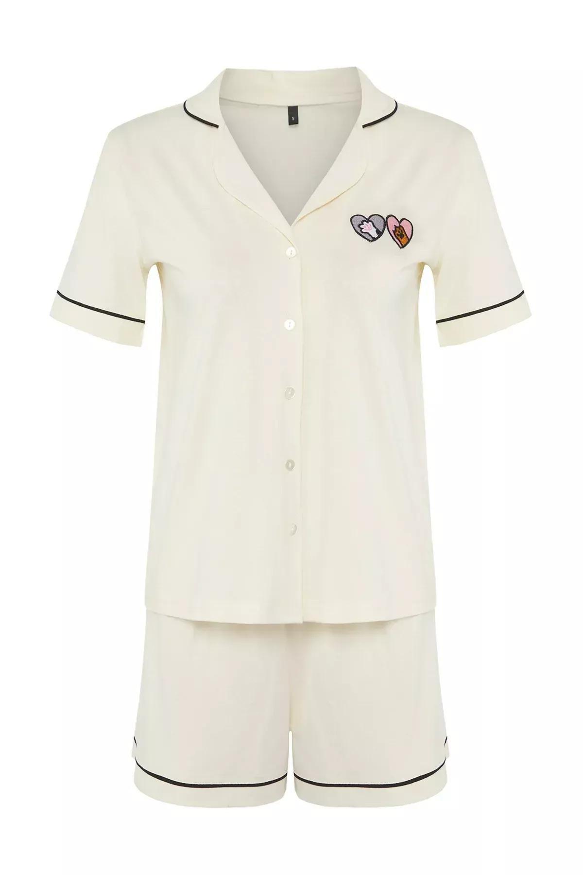 Beige Heart Paw Embroidered Shorts Pajama Set, Ecru, large image number 4