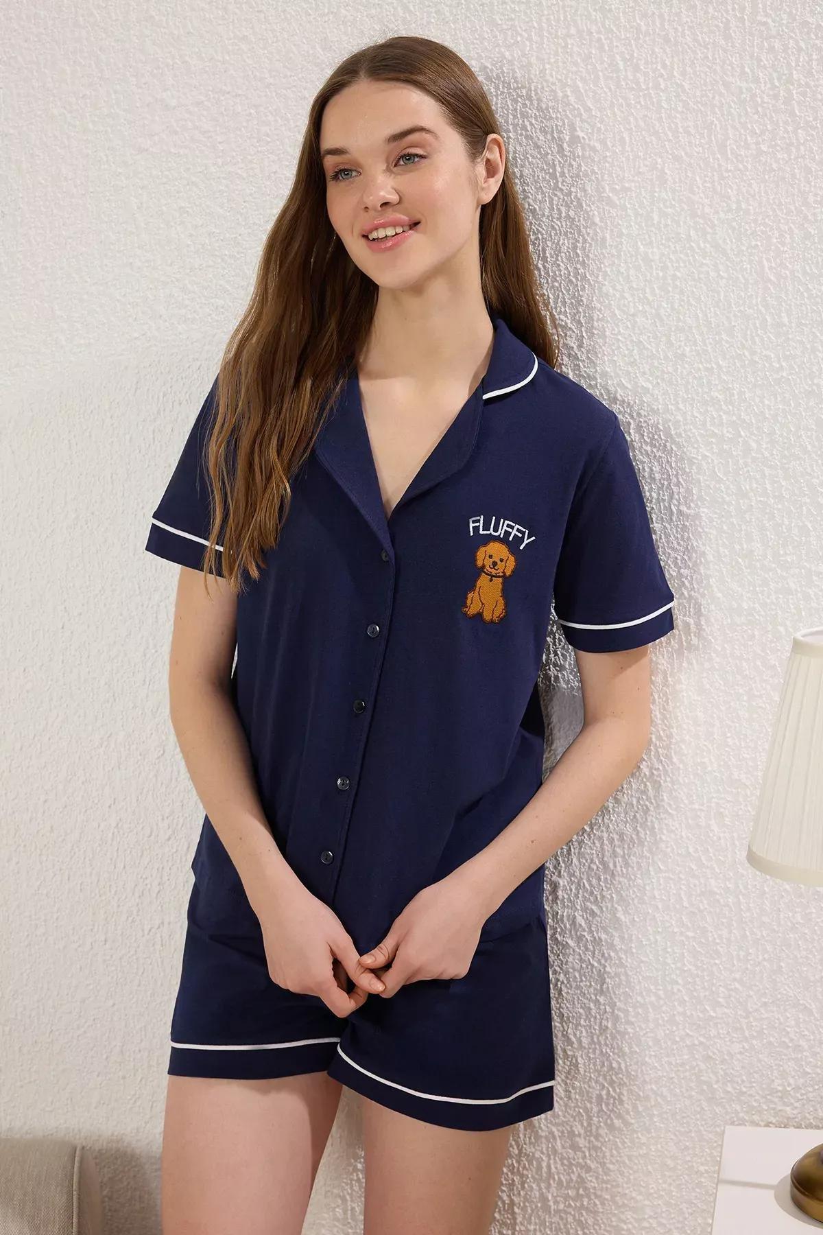 Navy Biased Dog Embroidered Pajama Set (2 pcs), , large image number 1