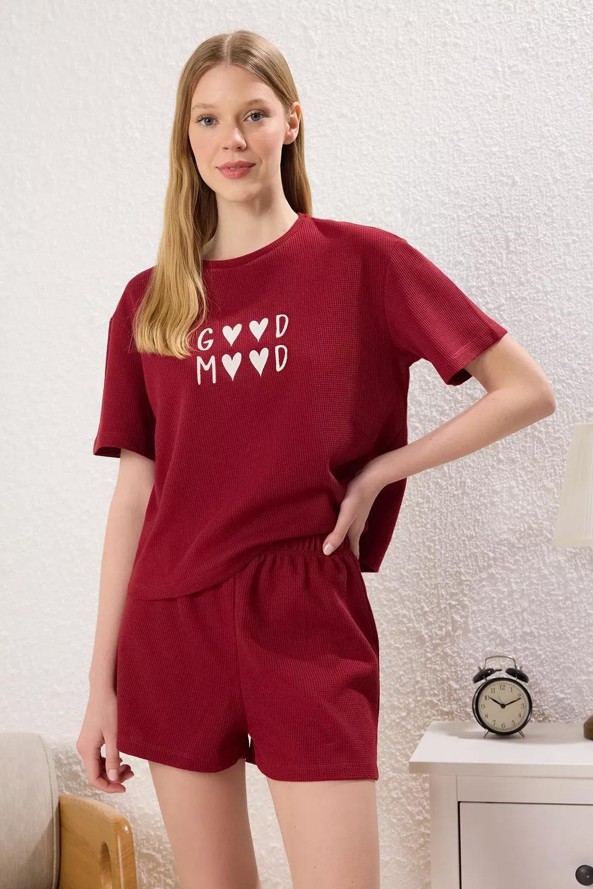 Red Slogan Heart Pajama Set, Red, large image number 0