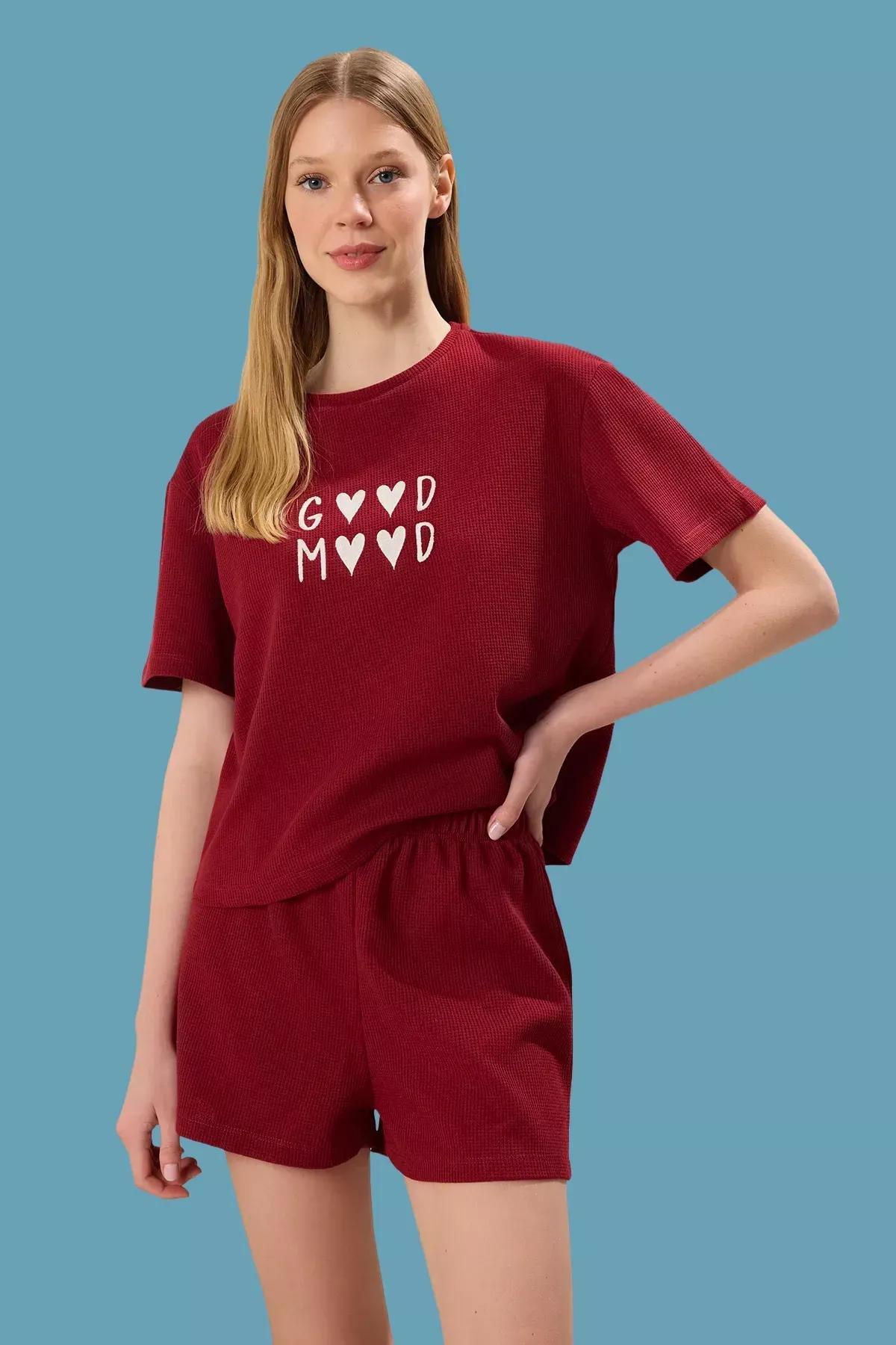 Red Slogan Heart Pajama Set, Red, large image number 1