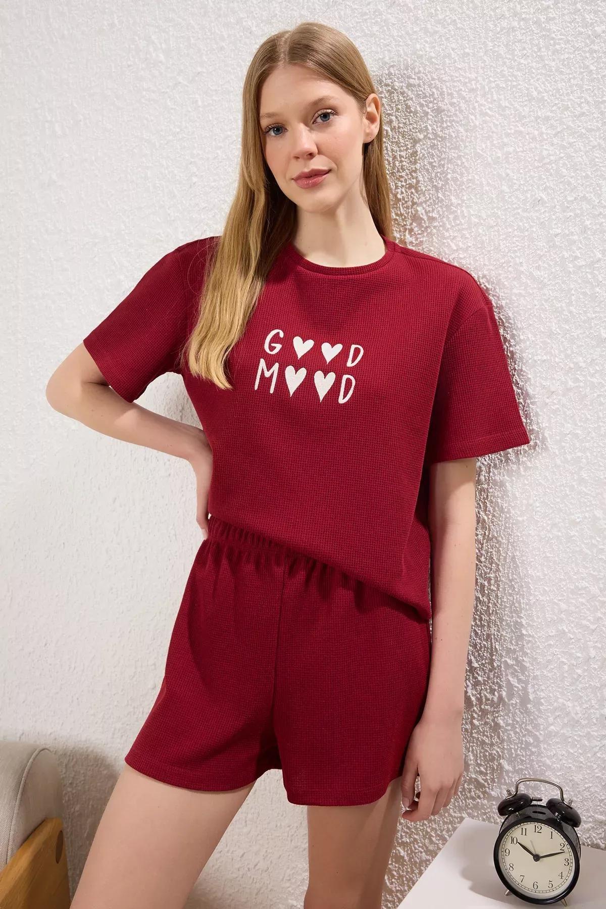 Red Slogan Heart Pajama Set, Red, large image number 2