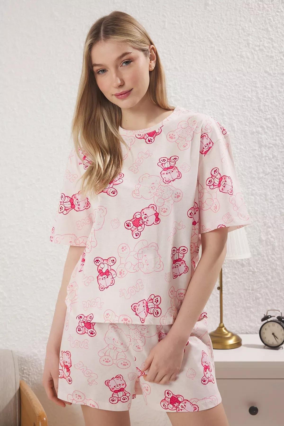 Pink Teddy Bear Shorts Pajama Set, , large image number 0