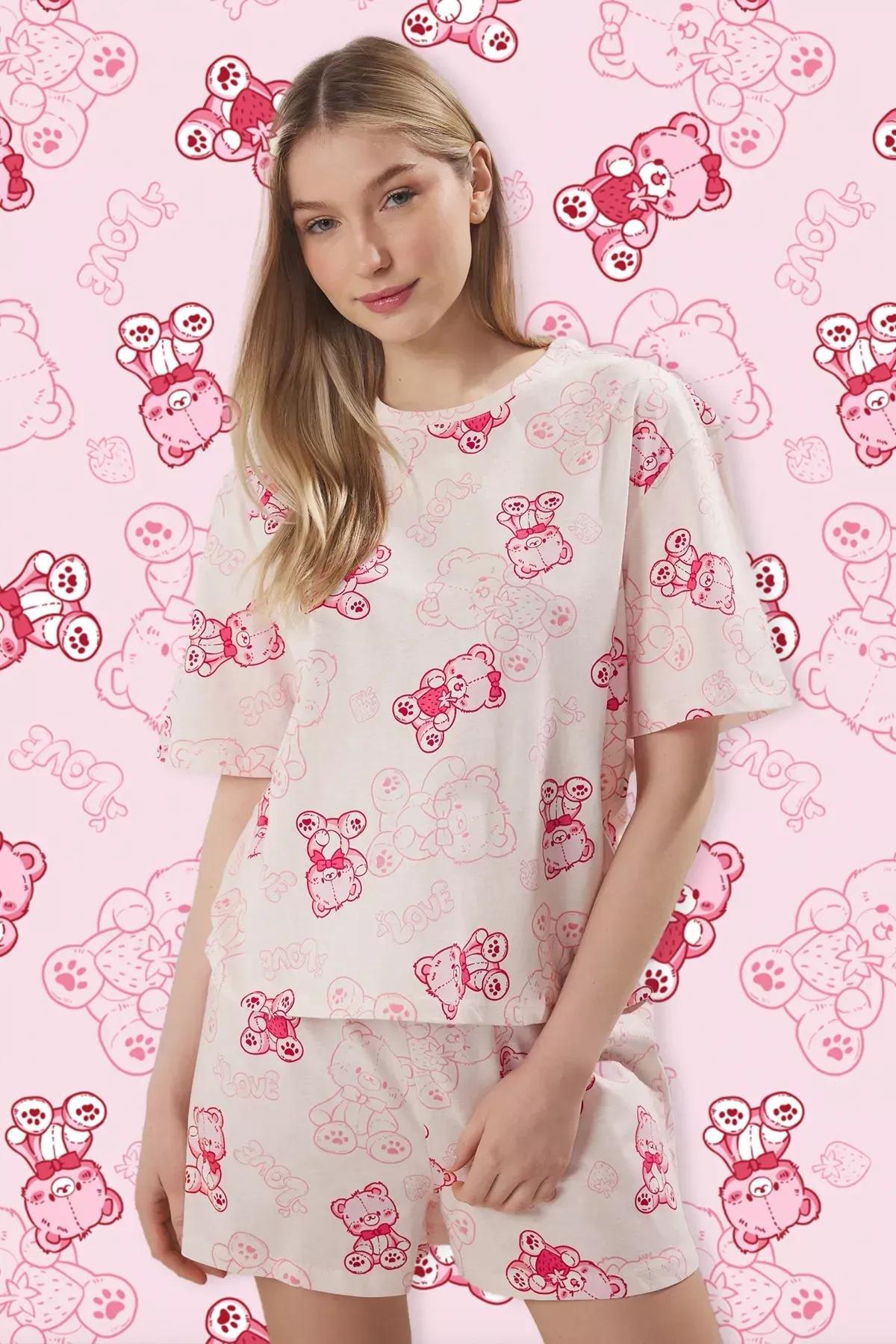 Pink Teddy Bear Shorts Pajama Set, , large image number 1