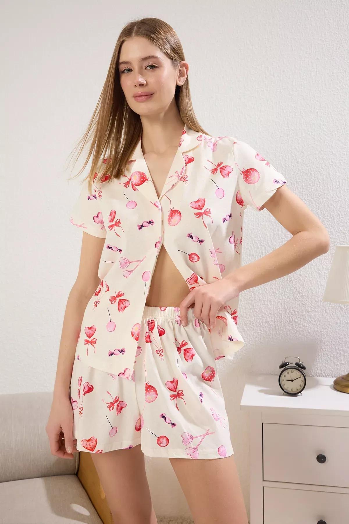 Beige Heart Shorts Pajama Set, , large image number 0