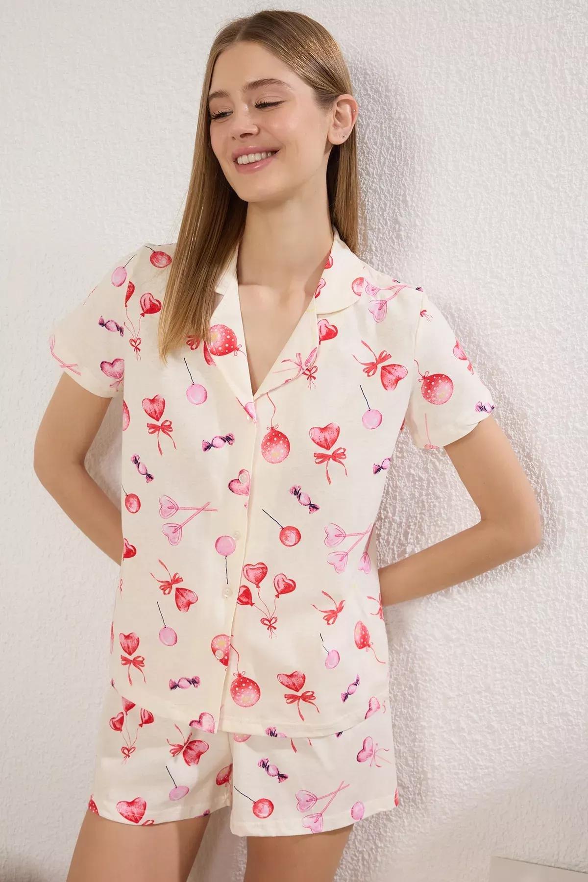 Beige Heart Shorts Pajama Set, , large image number 1