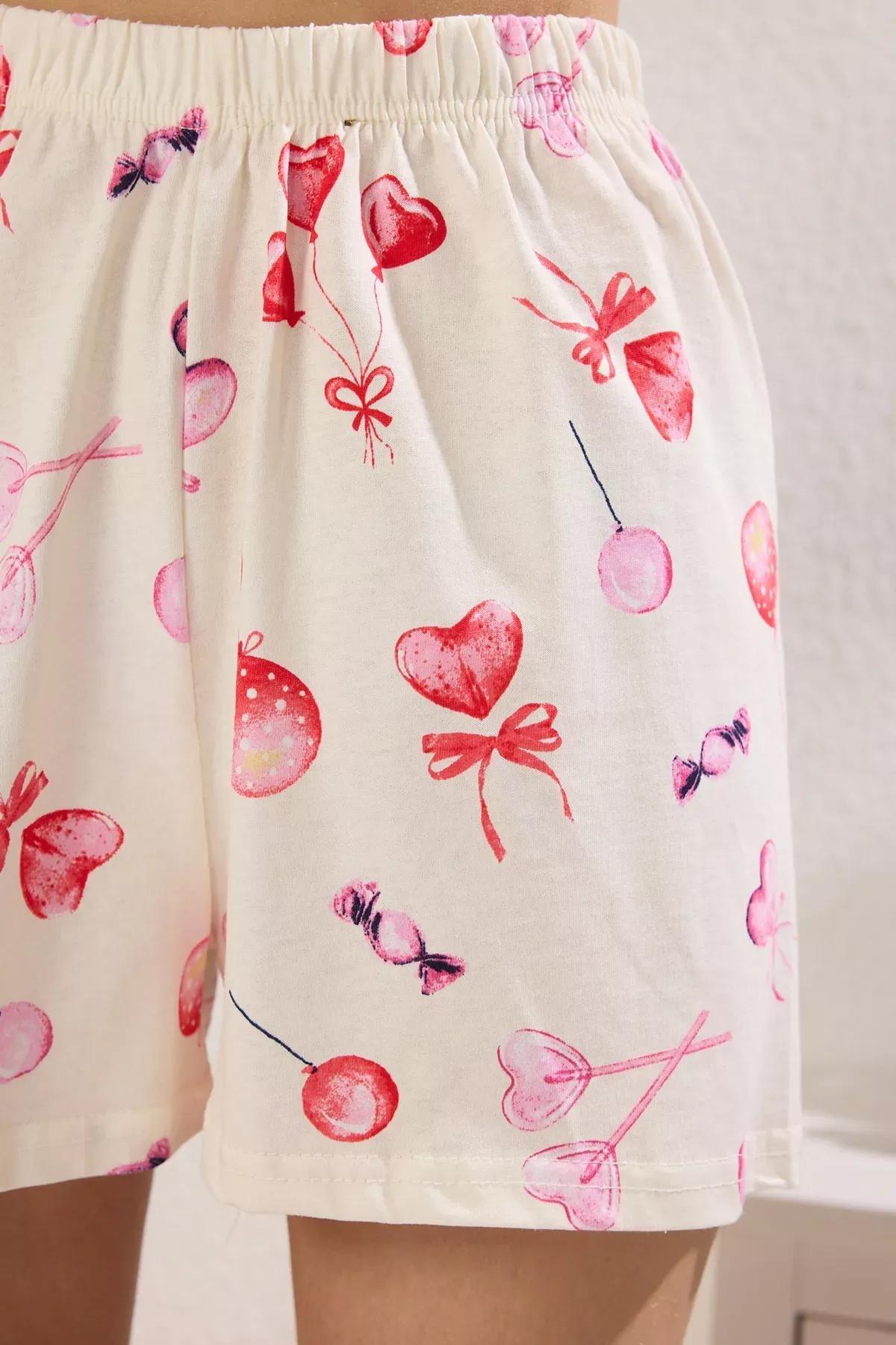 Beige Heart Shorts Pajama Set, , large image number 2