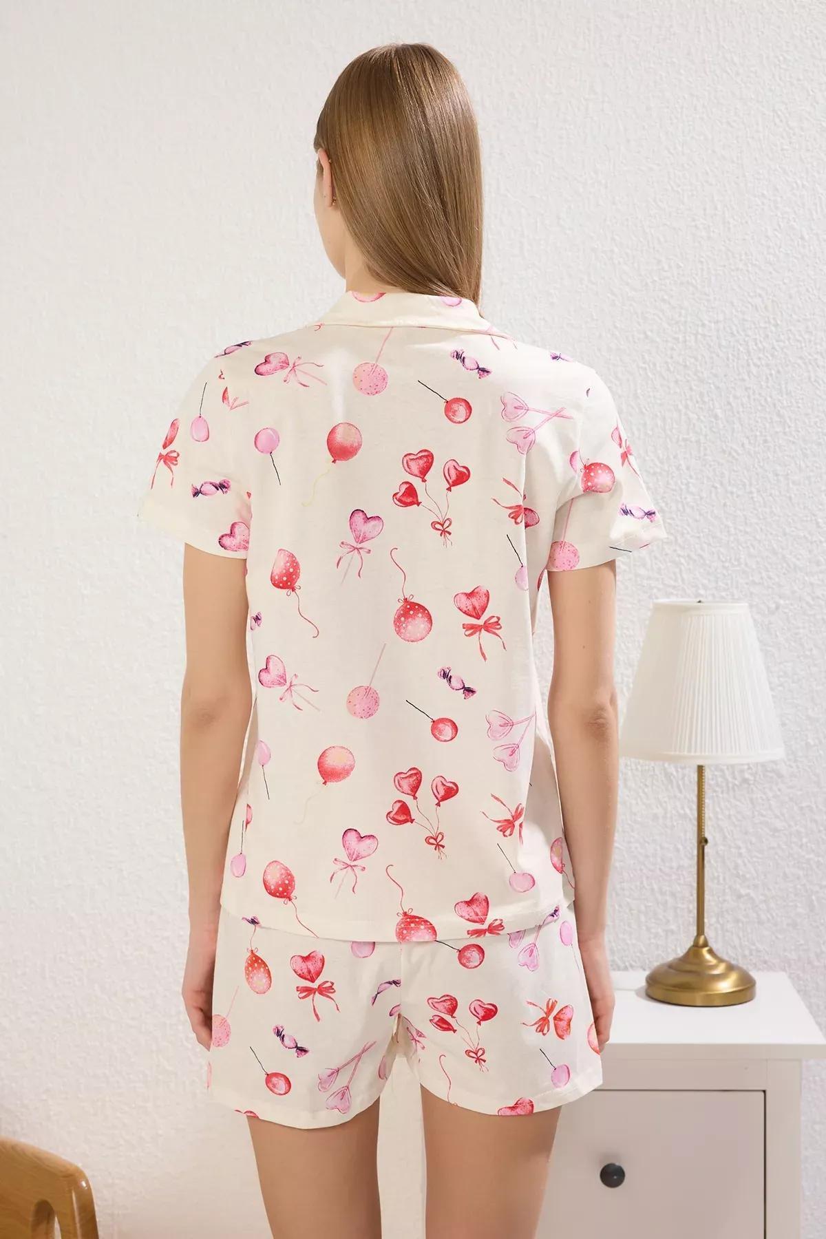 Beige Heart Shorts Pajama Set, , large image number 3