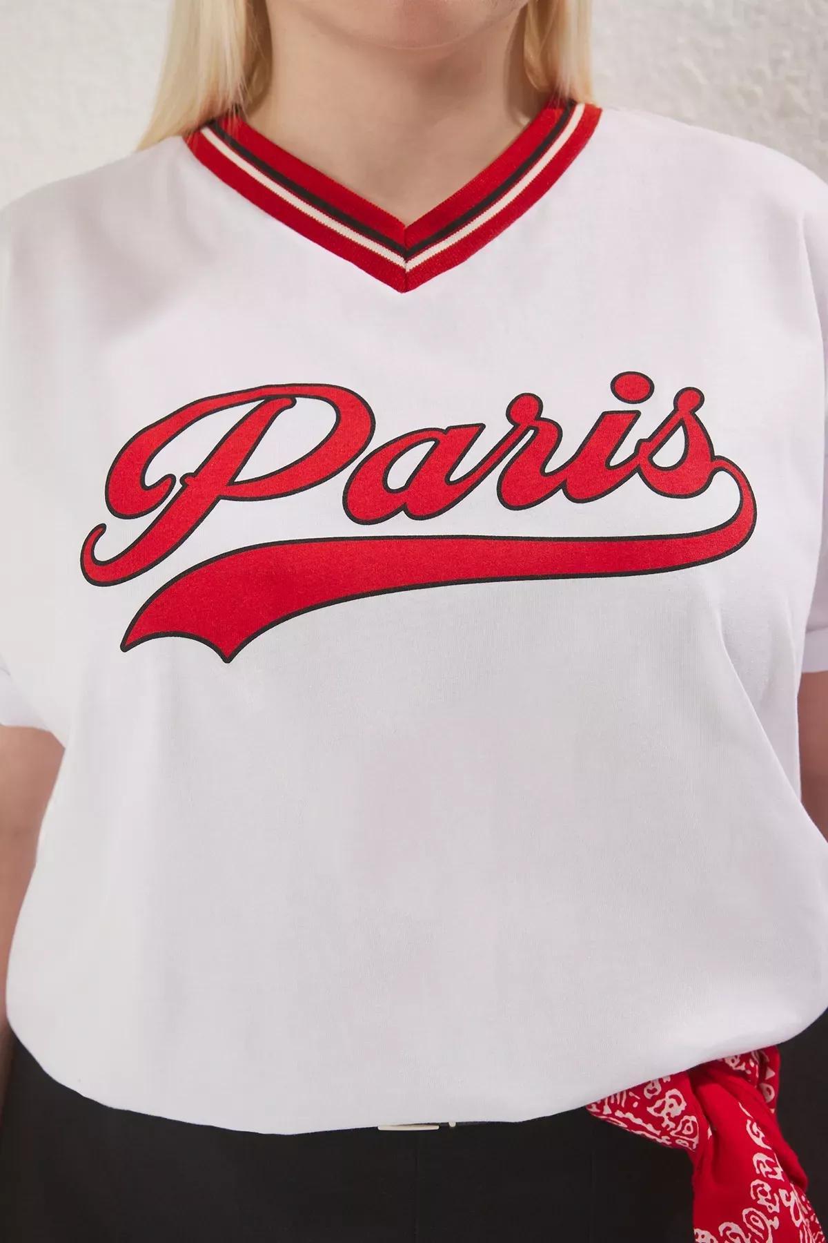 Red V Neck Knit T-shirt, Red, large image number 2