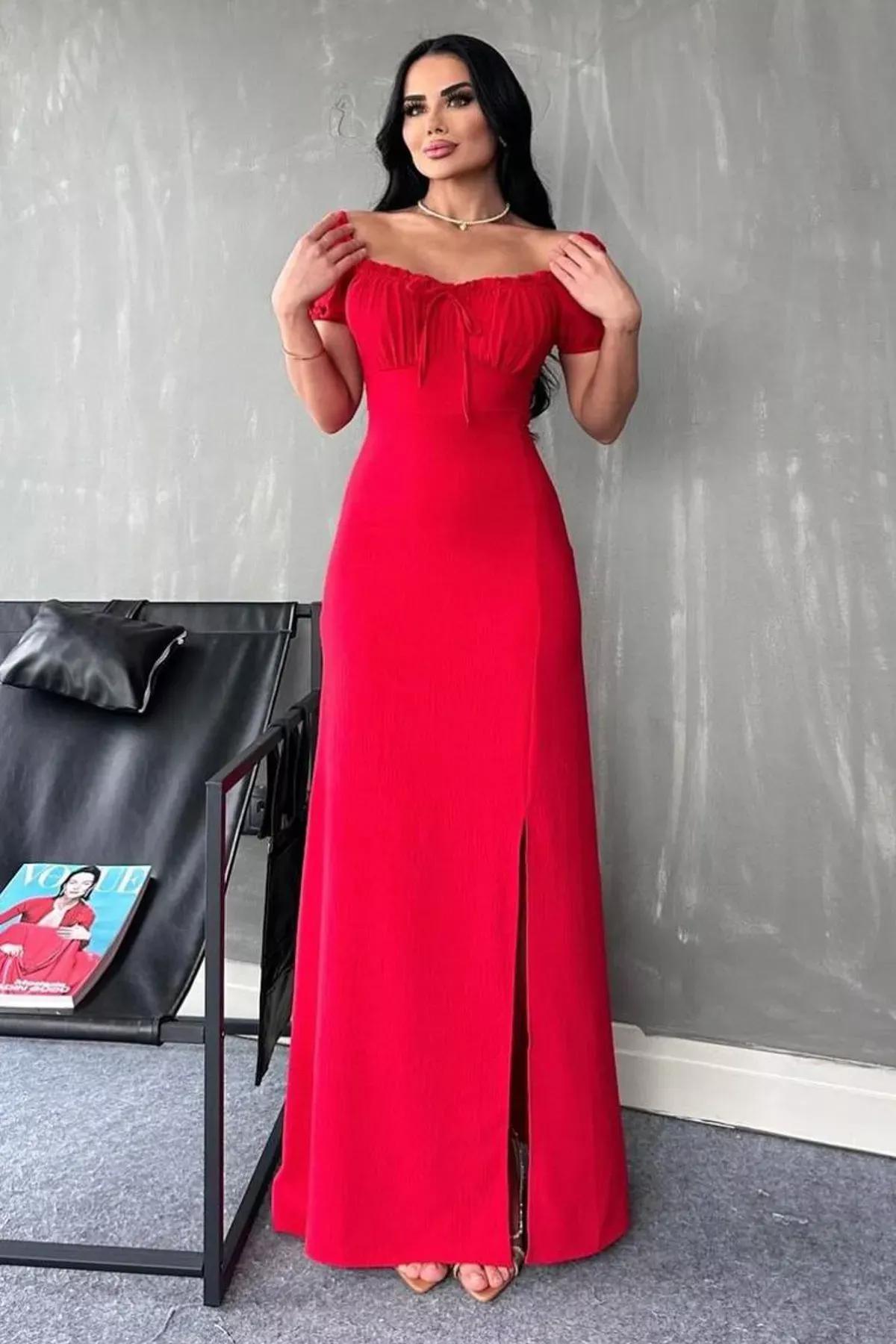 Frills Ruffle Bardot Maxi Dress, Red, large image number 0