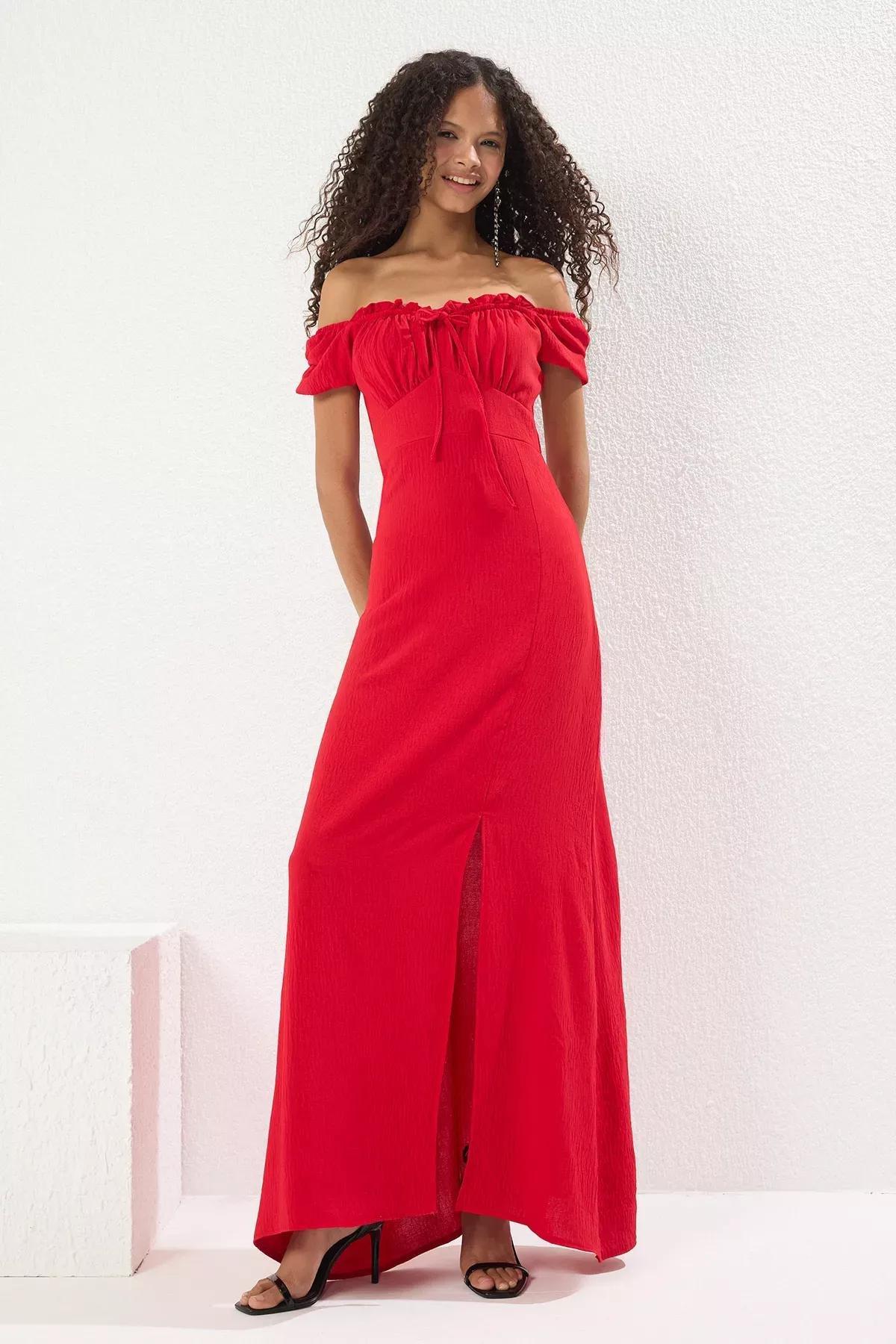 Frills Ruffle Bardot Maxi Dress, Red, large image number 1