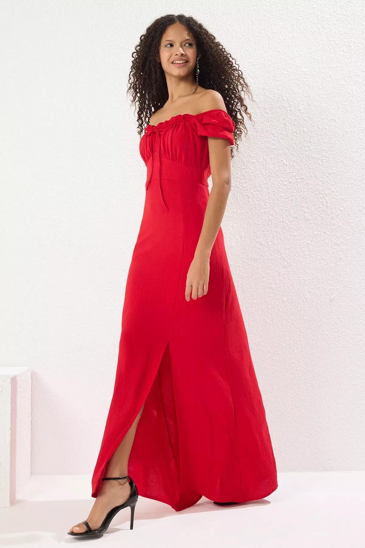Frills Ruffle Bardot Maxi Dress, Red, large image number 2